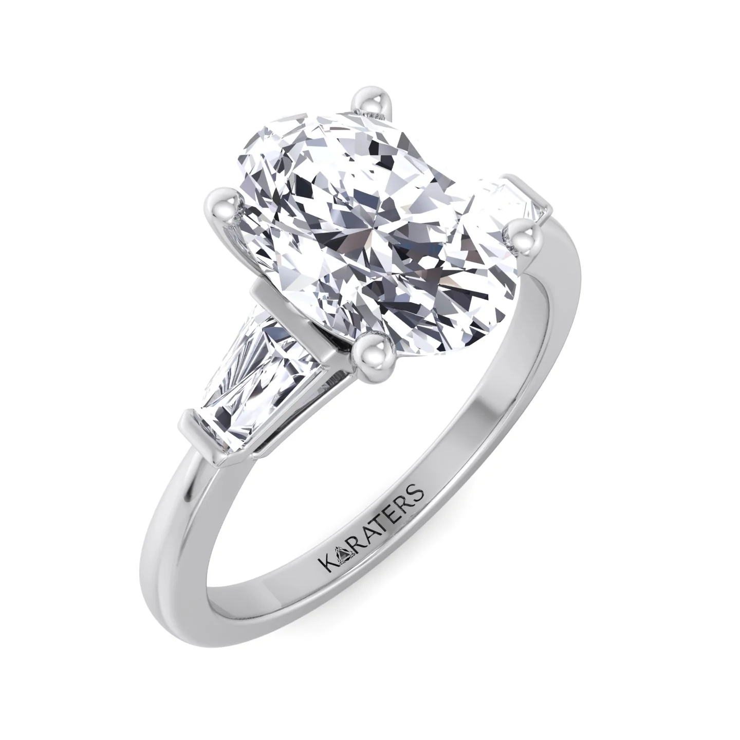 Oval Cut Lab Grown Diamond Engagement Ring with Tapered Baguette Side Stones - Image 4