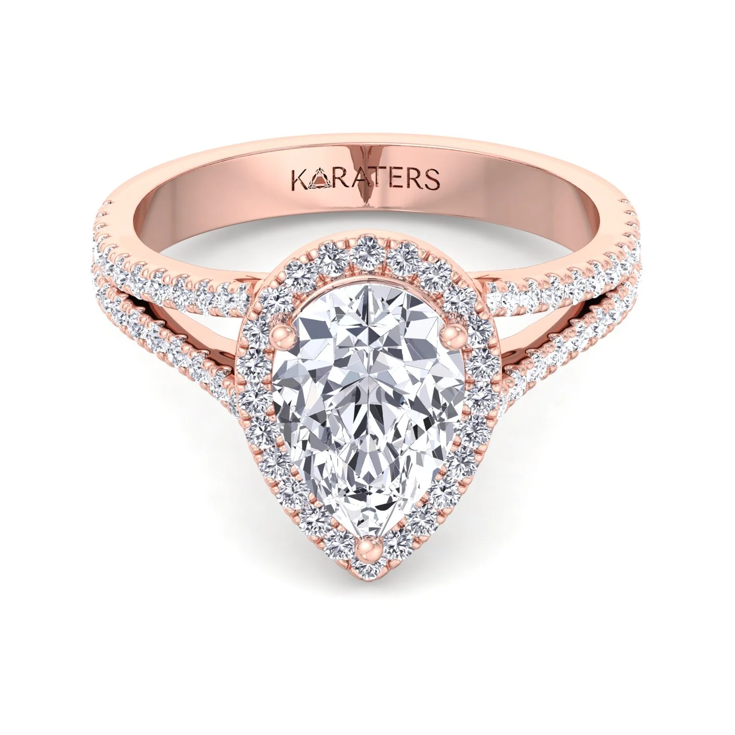 Pear Shaped Lab Grown Diamond Halo Engagement Ring with Pave Double Band - Image 14