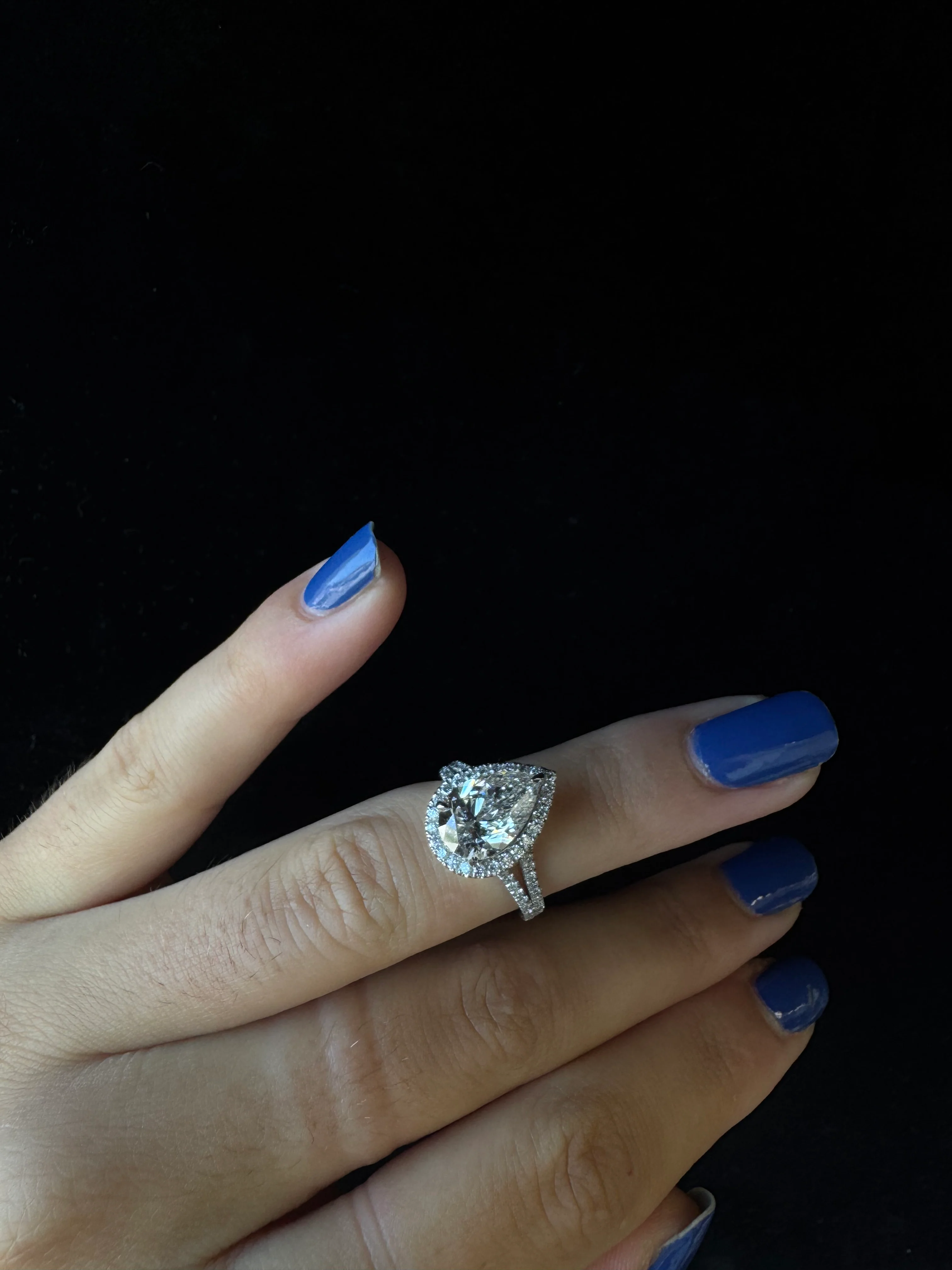 Pear Shaped Lab Grown Diamond Halo Engagement Ring with Pave Double Band - Image 18