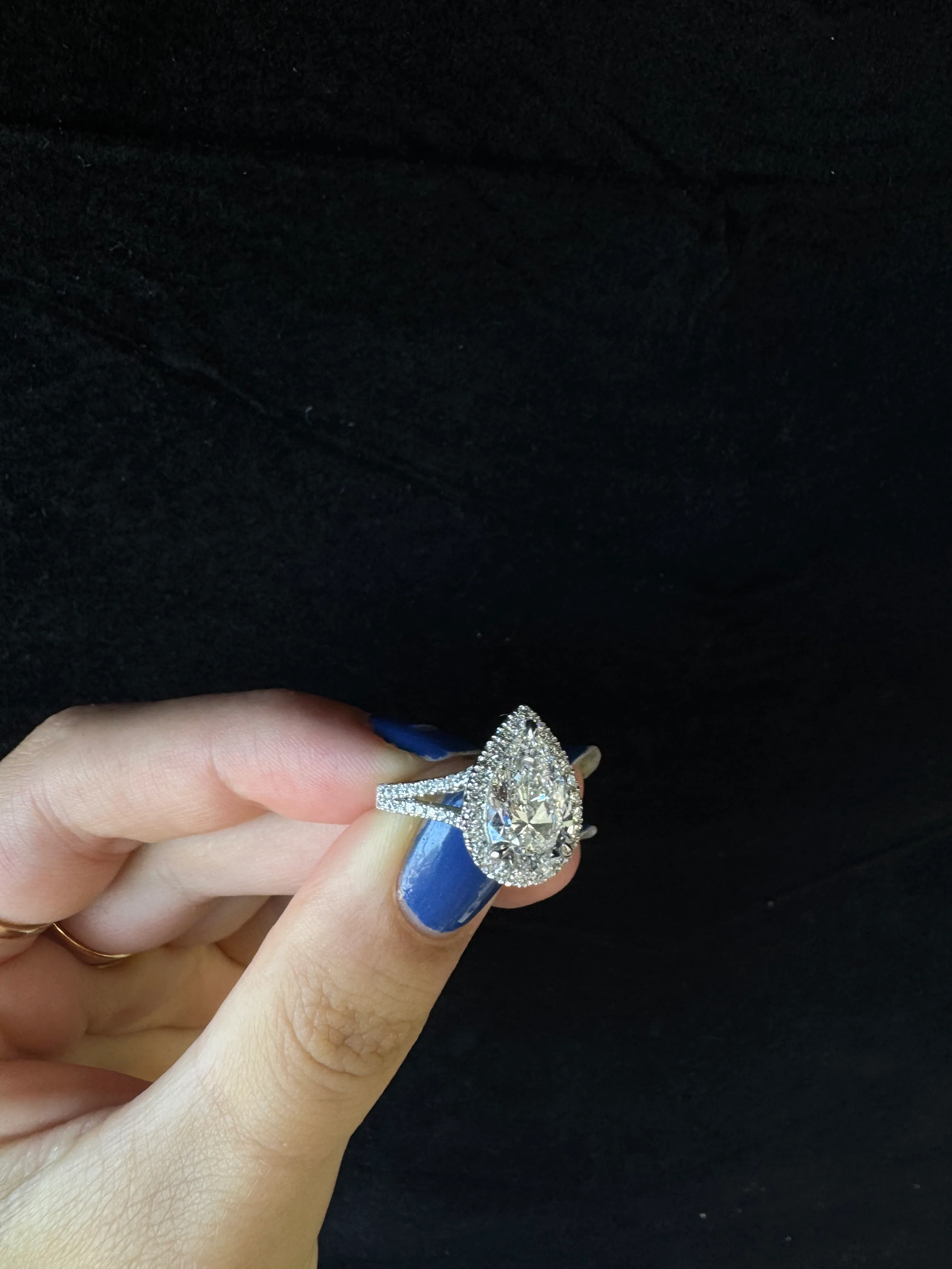 Pear Shaped Lab Grown Diamond Halo Engagement Ring with Pave Double Band - Image 3