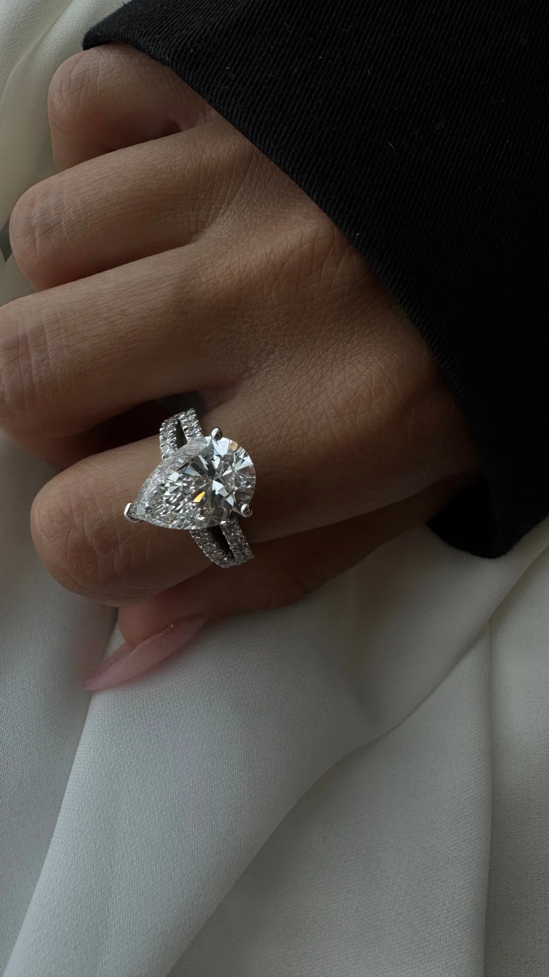 Pear Shaped Lab Grown Diamond Halo Engagement Ring with Pave Double Band - Image 4