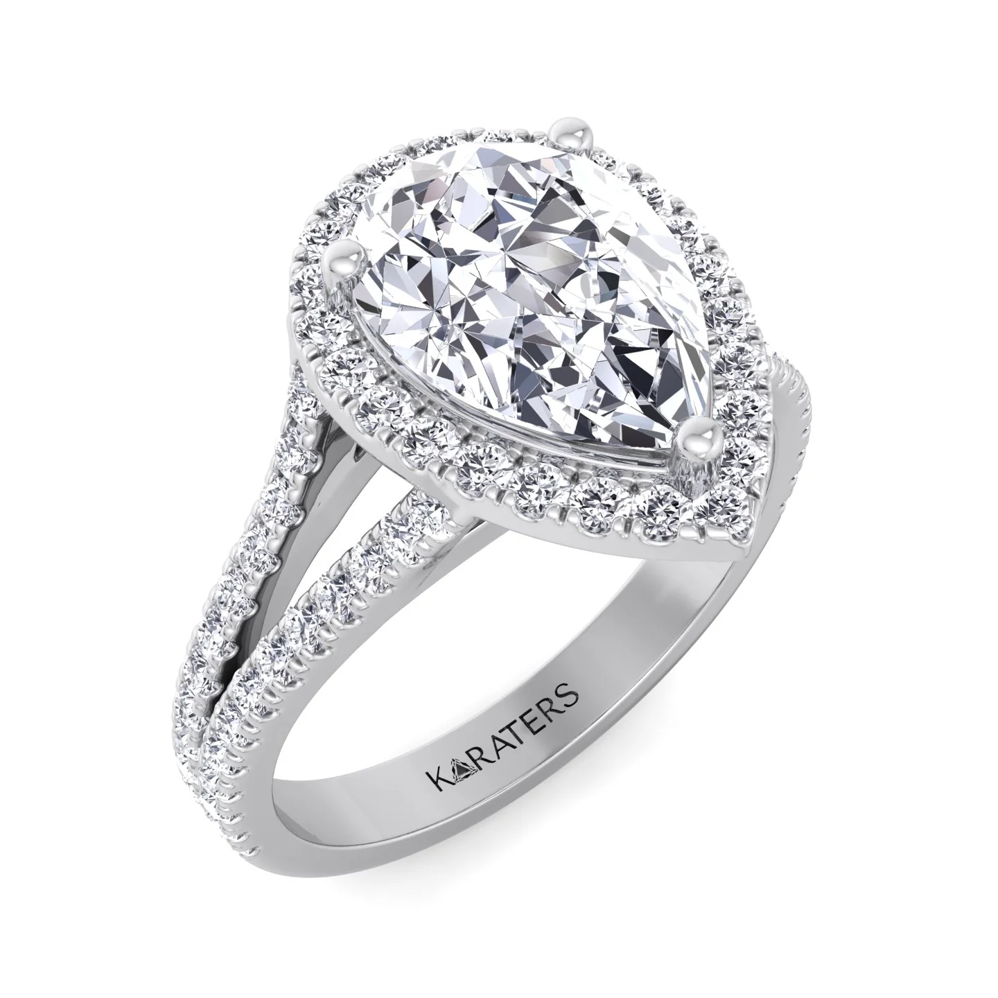 Pear Shaped Lab Grown Diamond Halo Engagement Ring with Pave Double Band - Image 8