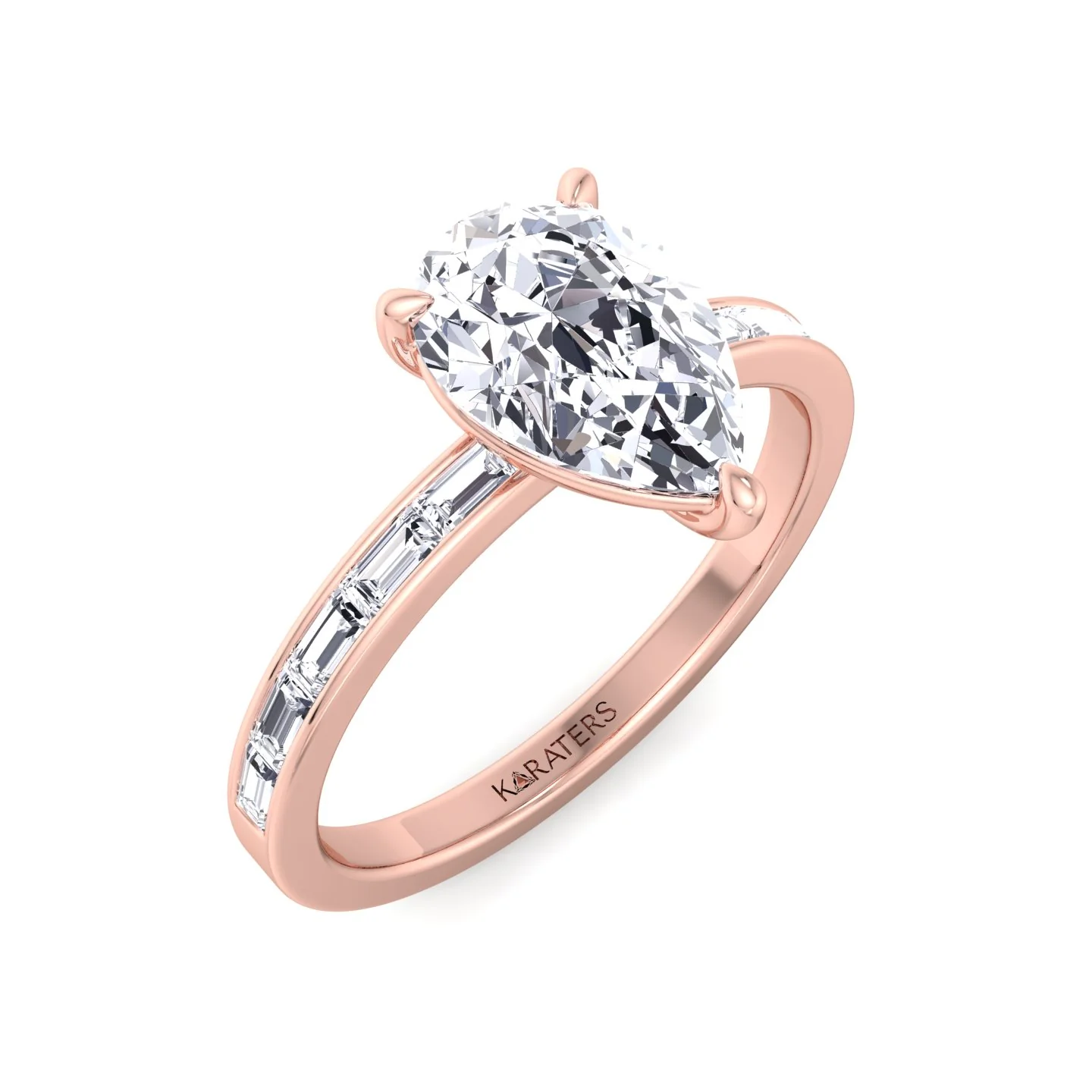 Pear Shape Lab Grown Engagement Ring with Channel Set Baguette Shape Side Stones - Image 10