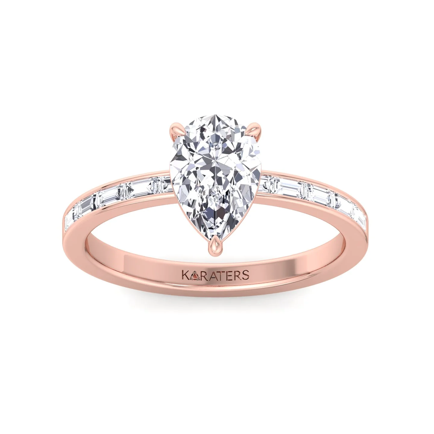 Pear Shape Lab Grown Engagement Ring with Channel Set Baguette Shape Side Stones - Image 11