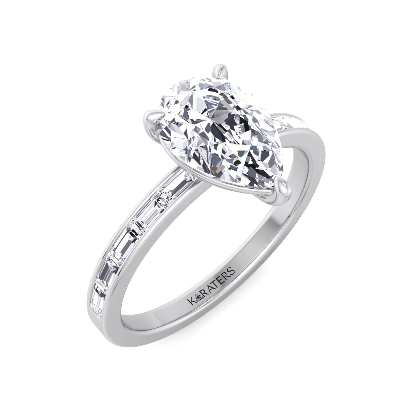 Pear Shape Lab Grown Engagement Ring with Channel Set Baguette Shape Side Stones - Image 3