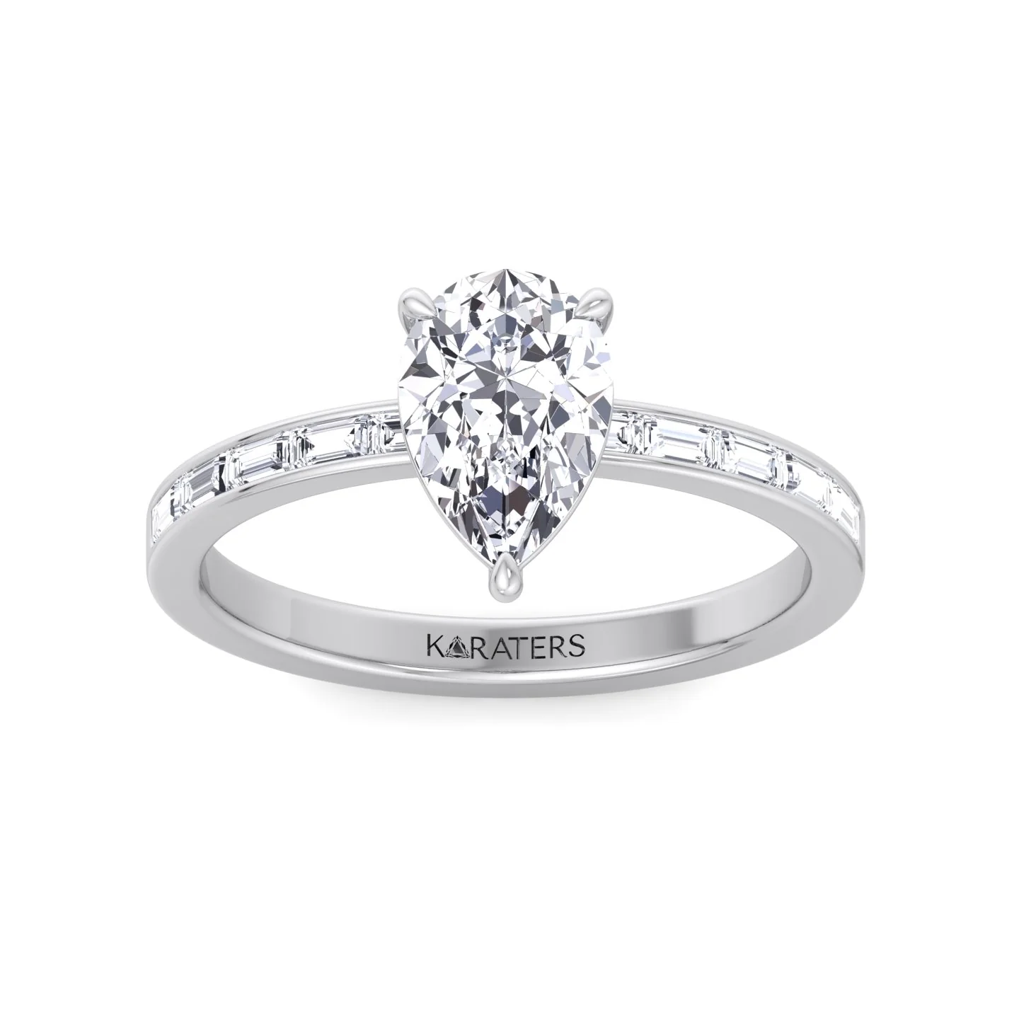 Pear Shape Lab Grown Engagement Ring with Channel Set Baguette Shape Side Stones - Image 4