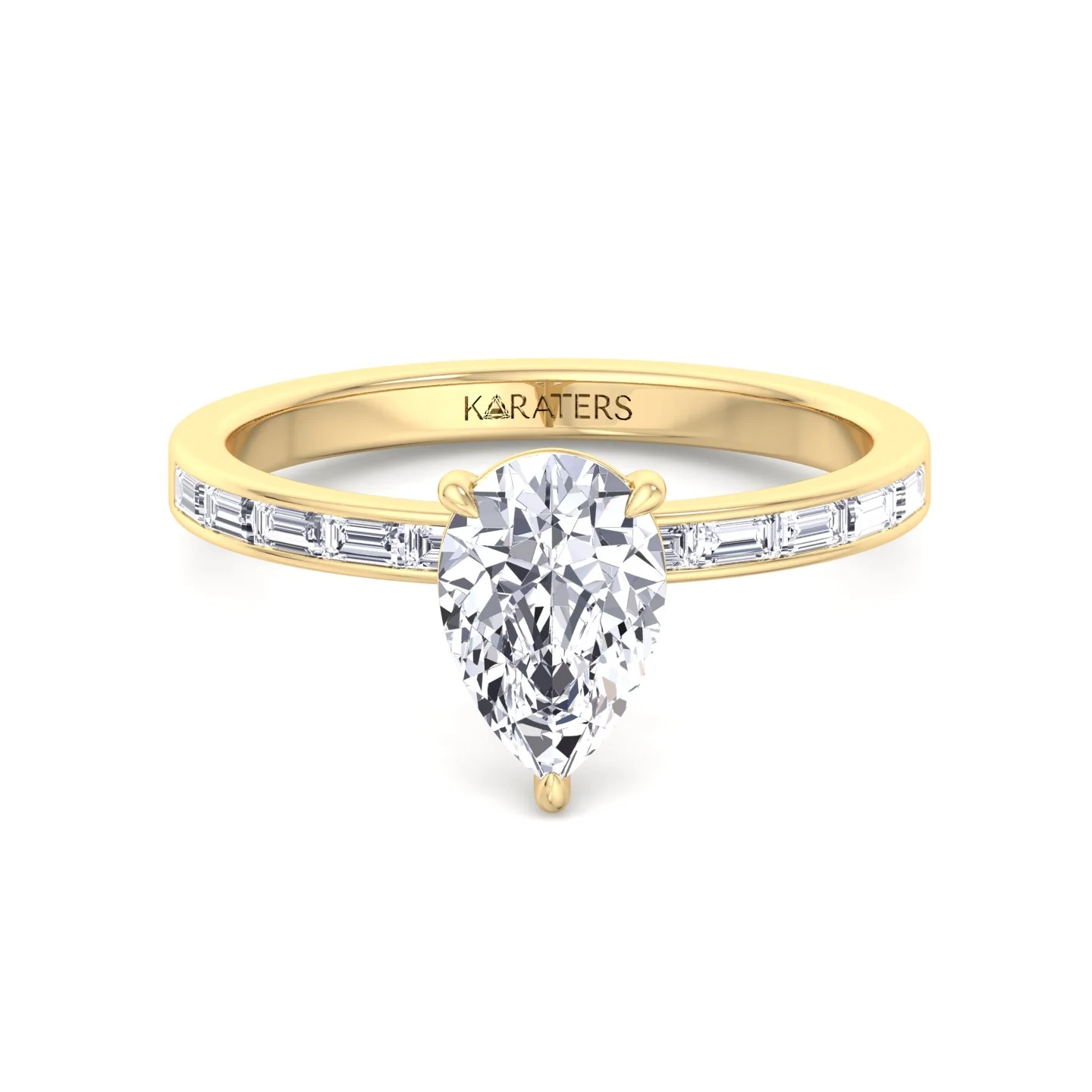 Pear Shape Lab Grown Engagement Ring with Channel Set Baguette Shape Side Stones - Image 7