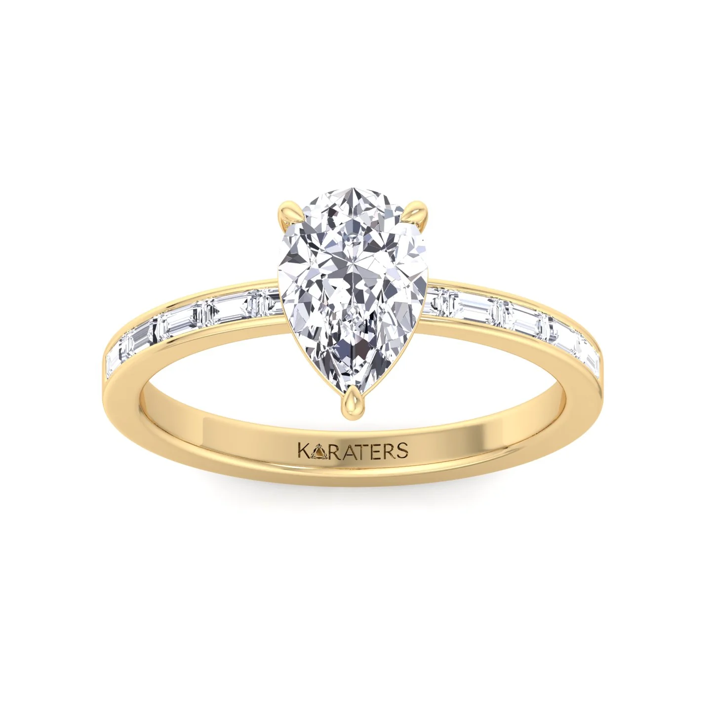 Pear Shape Lab Grown Engagement Ring with Channel Set Baguette Shape Side Stones - Image 8