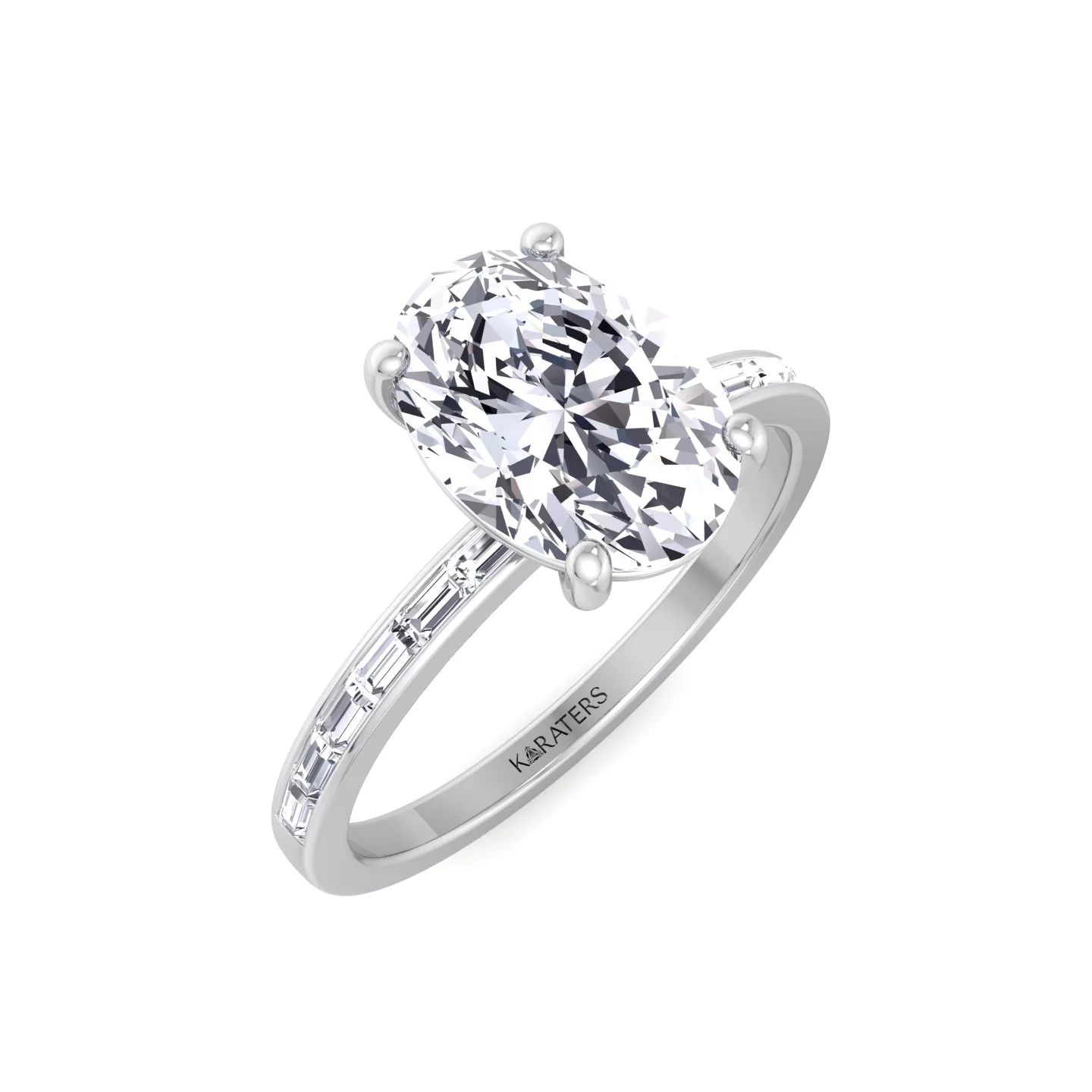 Oval Cut Lab Grown Diamond Engagement Ring with Baguette Channel Band - Image 4