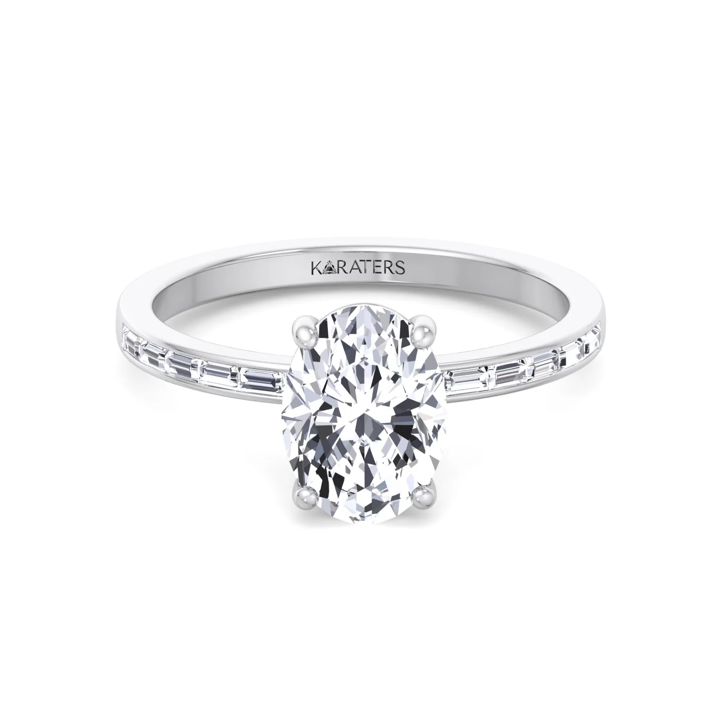 Oval Cut Lab Grown Diamond Engagement Ring with Baguette Channel Band - Image 5