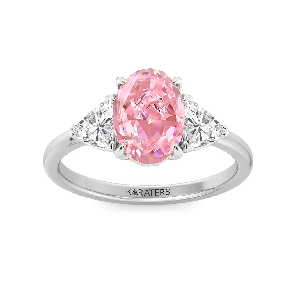 Fancy Pink Oval Shape Lab Grown Diamond Engagement Ring with Trillion Sidestone - Image 3