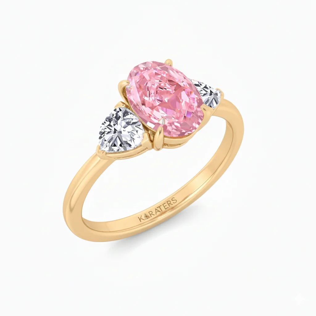 Fancy Pink Oval Shape Lab Grown Diamond Engagement Ring with Trillion Sidestone - Image 4