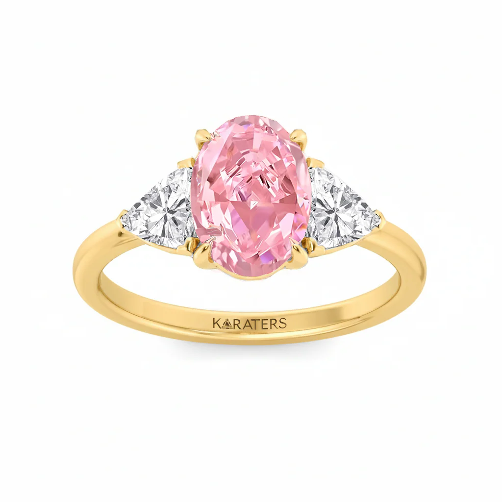 Fancy Pink Oval Shape Lab Grown Diamond Engagement Ring with Trillion Sidestone - Image 5