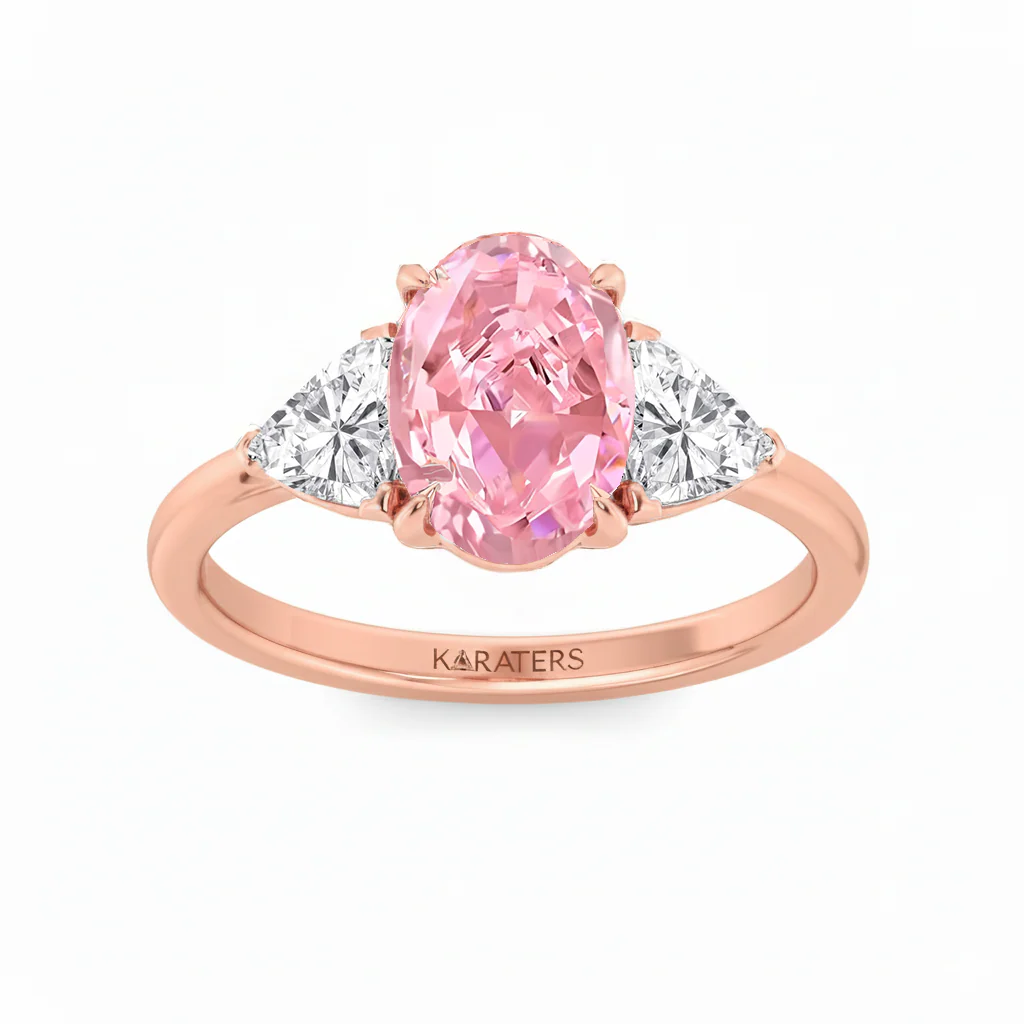 Fancy Pink Oval Shape Lab Grown Diamond Engagement Ring with Trillion Sidestone - Image 6