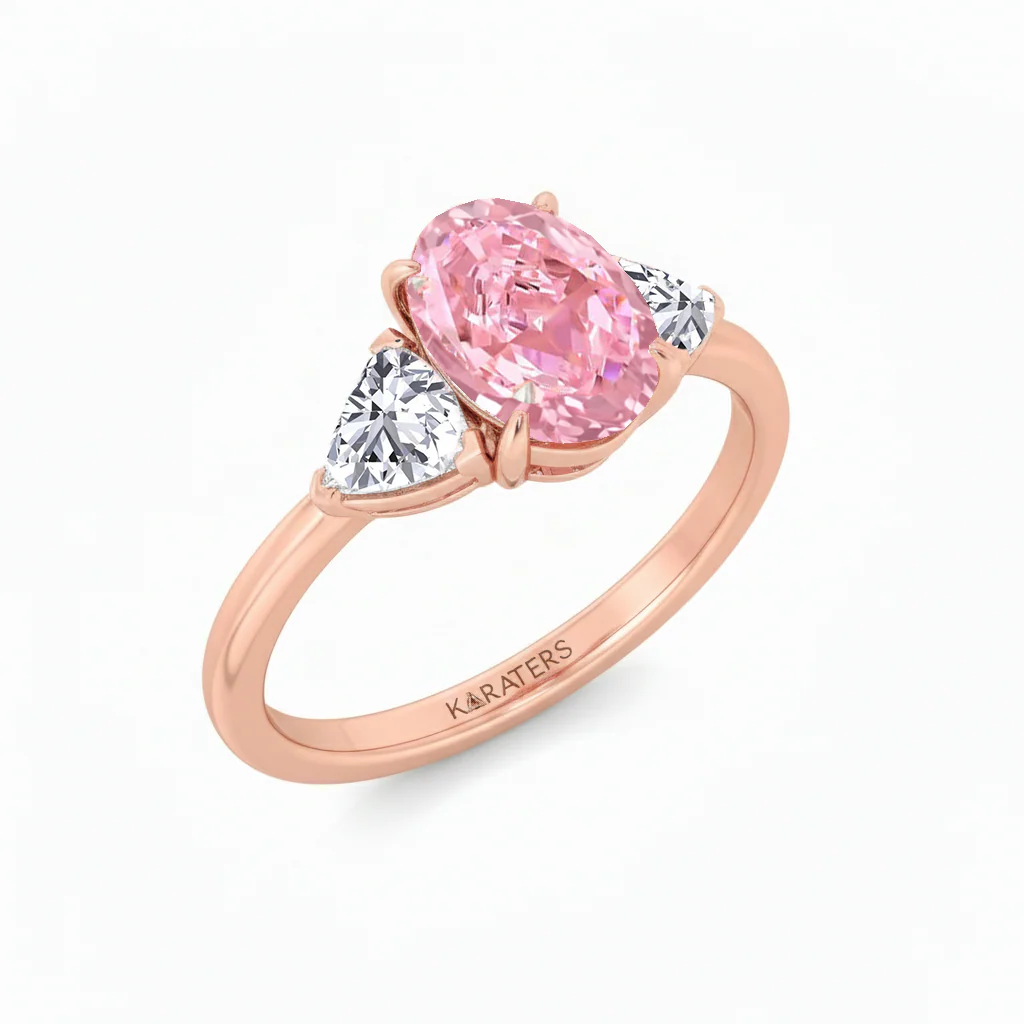 Fancy Pink Oval Shape Lab Grown Diamond Engagement Ring with Trillion Sidestone - Image 7