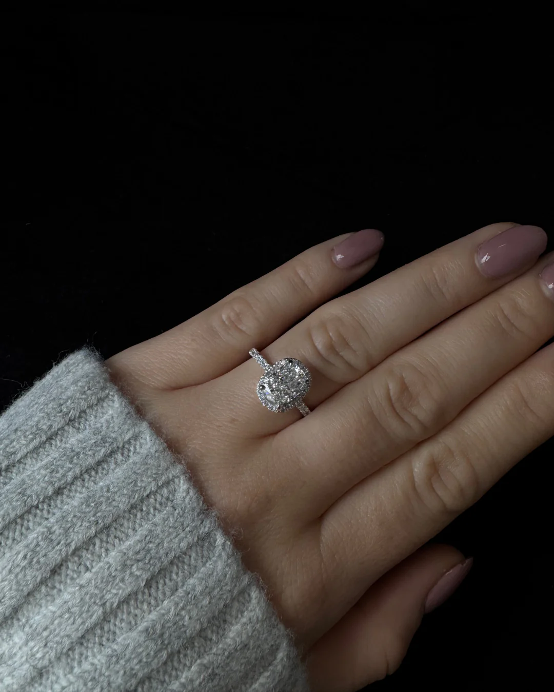 Elongated Cushion Shape Lab Grown Diamond Halo Engagement Ring with Round Sidestones - Image 15