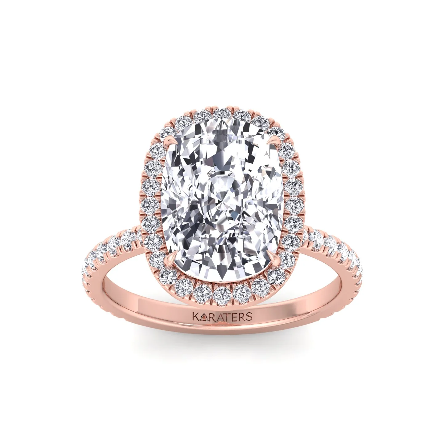 Elongated Cushion Shape Lab Grown Diamond Halo Engagement Ring with Round Sidestones - Image 17