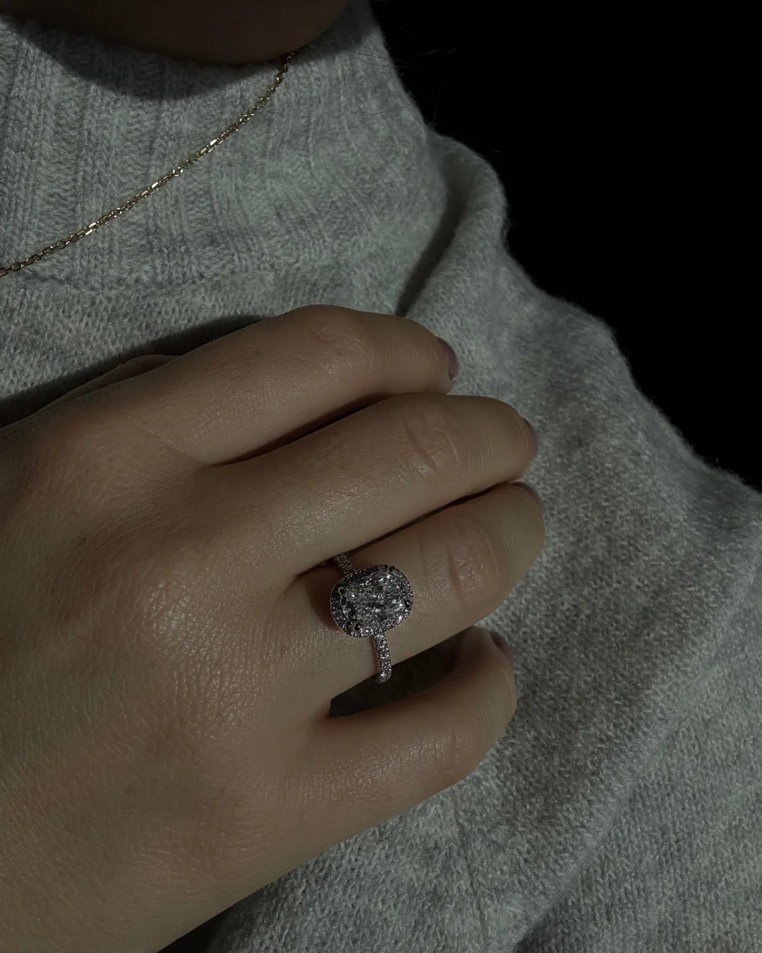 Elongated Cushion Shape Lab Grown Diamond Halo Engagement Ring with Round Sidestones - Image 3