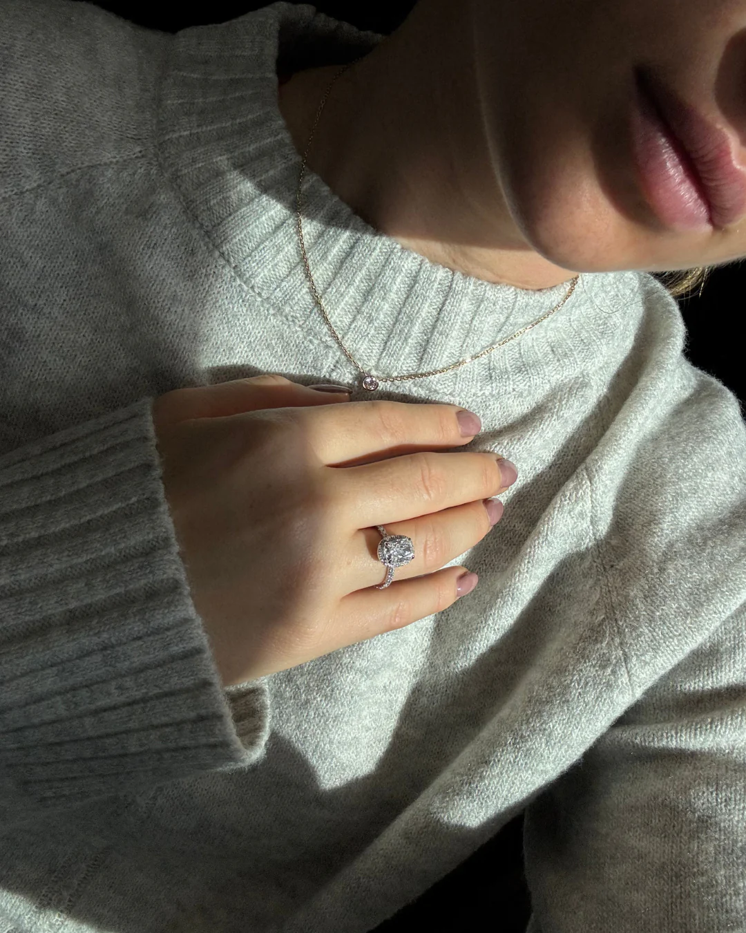 Elongated Cushion Shape Lab Grown Diamond Halo Engagement Ring with Round Sidestones - Image 4