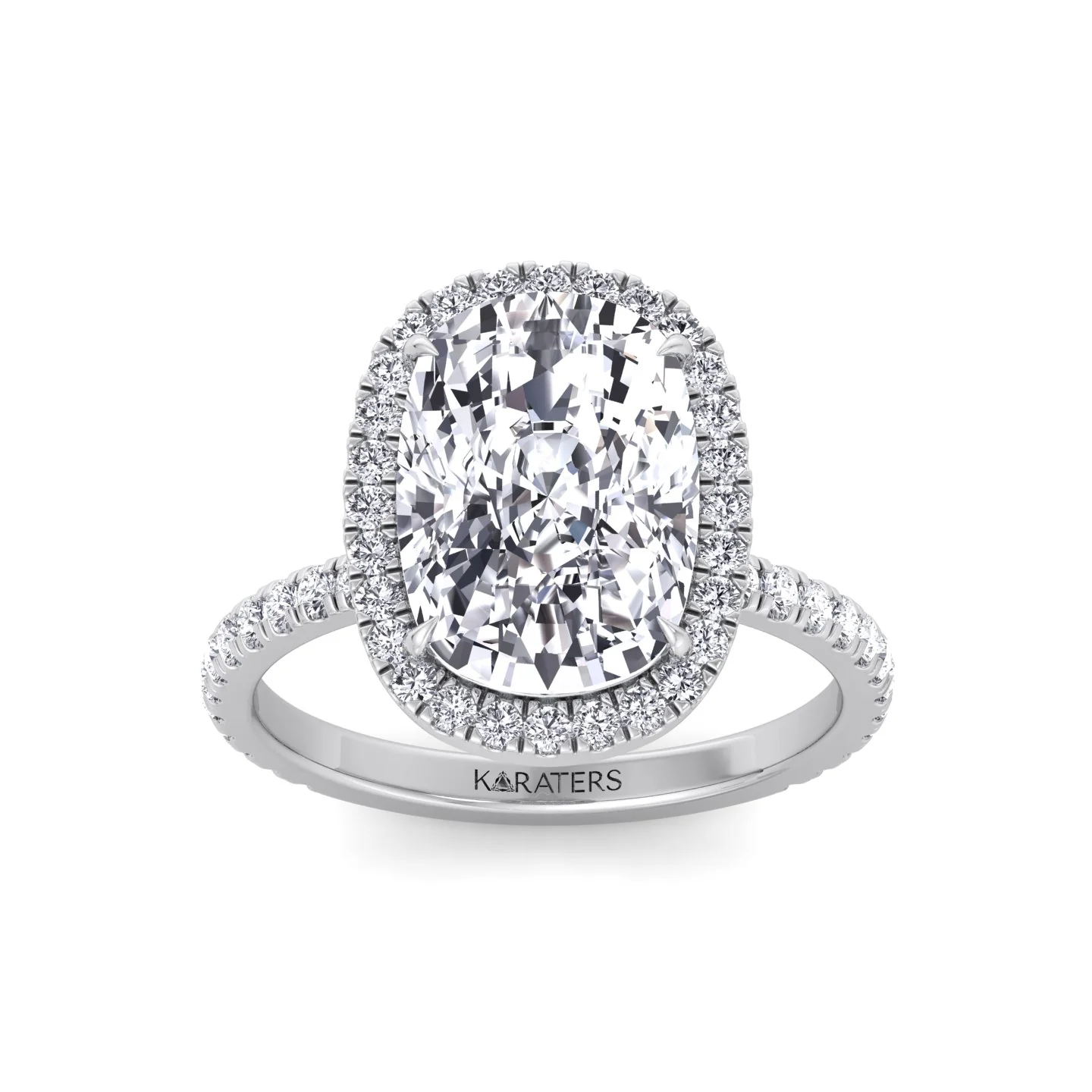 Elongated Cushion Shape Lab Grown Diamond Halo Engagement Ring with Round Sidestones - Image 5