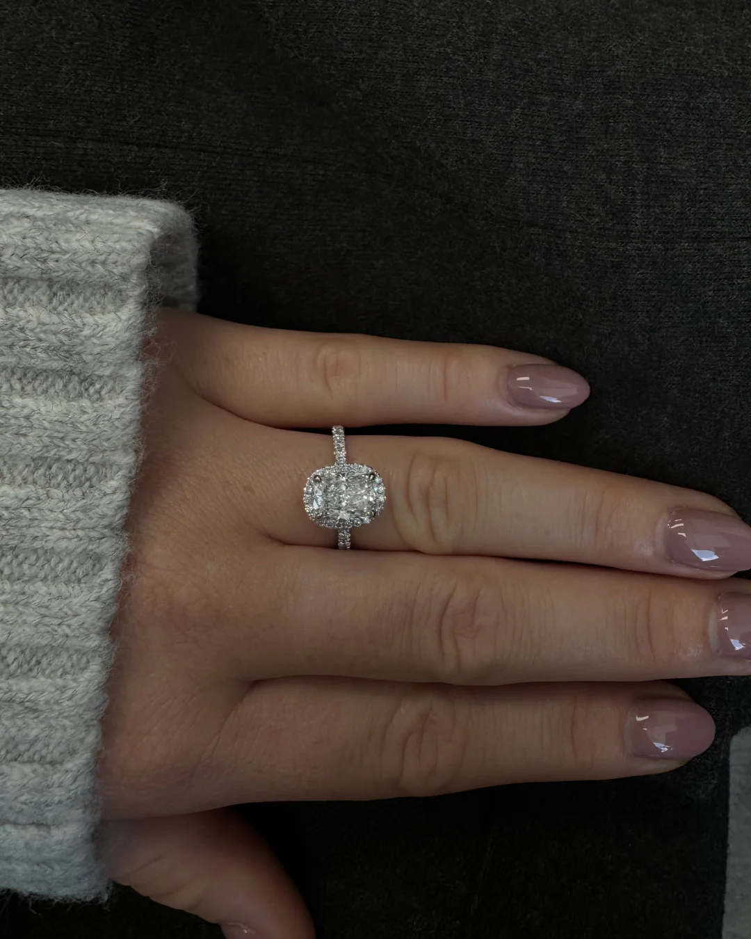 Elongated Cushion Shape Lab Grown Diamond Halo Engagement Ring with Round Sidestones - Image 8