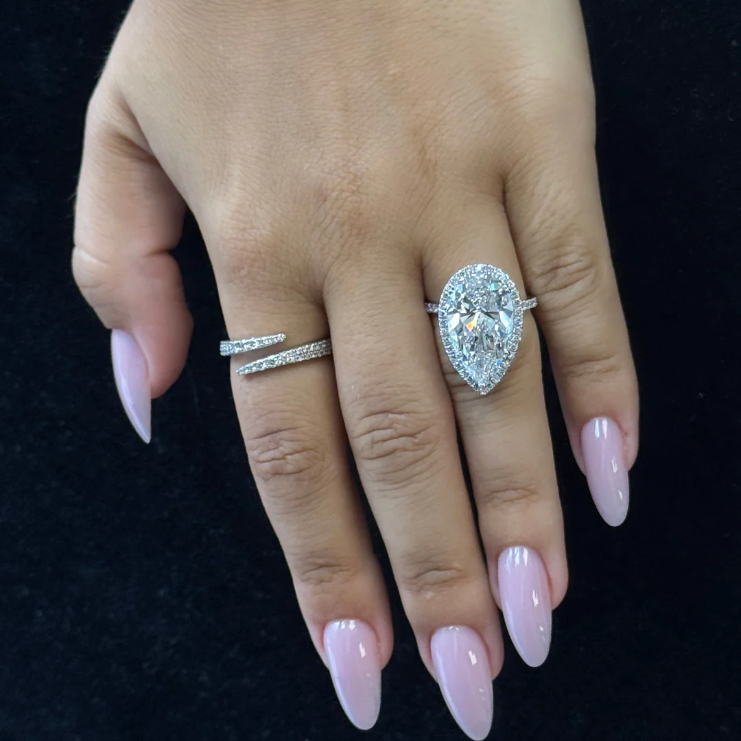 Pear Shaped Lab Grown Diamond Solitaire Engagement Ring with Halo & SideStones - Image 19