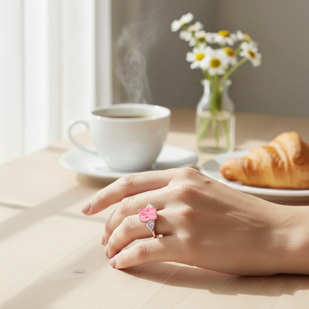 Pink Radiant Cut and White Pear Shape Diamond Engagement Ring - Image 10