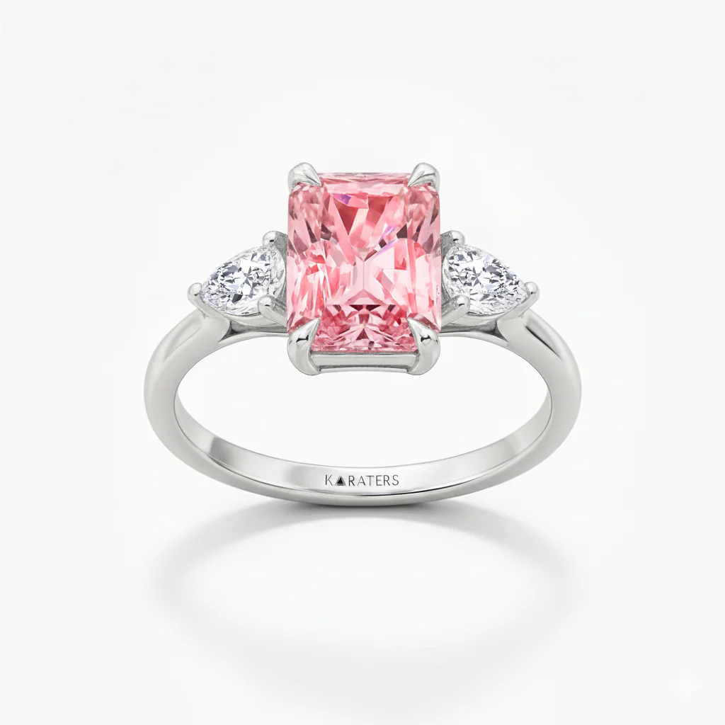 Pink Radiant Cut and White Pear Shape Diamond Engagement Ring - Image 3