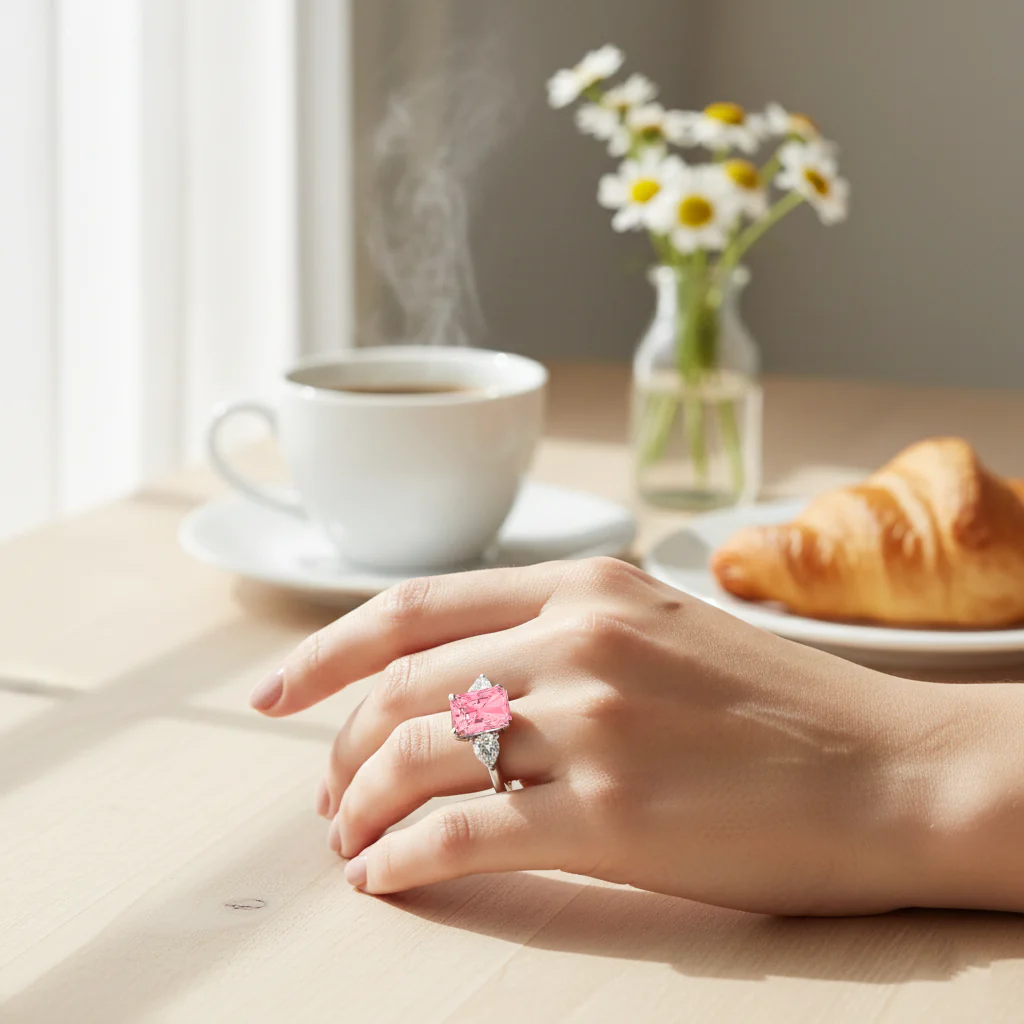 Pink Radiant Cut and White Pear Shape Diamond Engagement Ring - Image 4