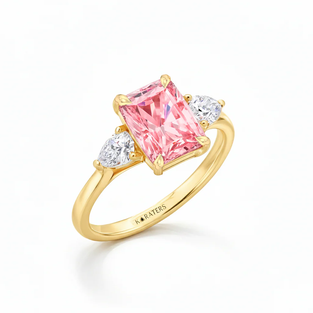Pink Radiant Cut and White Pear Shape Diamond Engagement Ring - Image 5