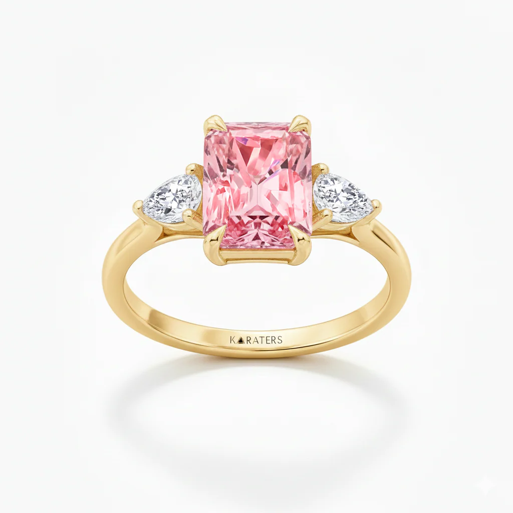 Pink Radiant Cut and White Pear Shape Diamond Engagement Ring - Image 6