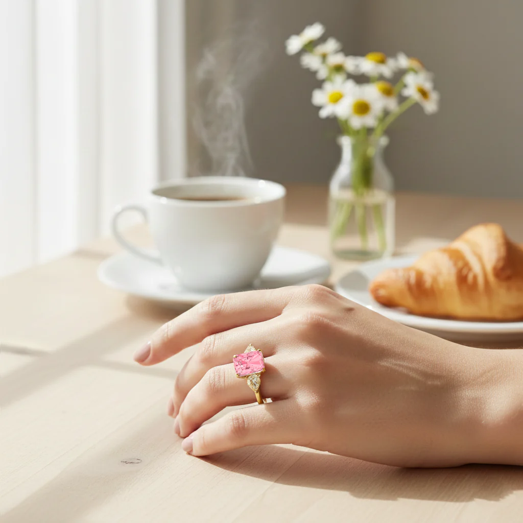 Pink Radiant Cut and White Pear Shape Diamond Engagement Ring - Image 7