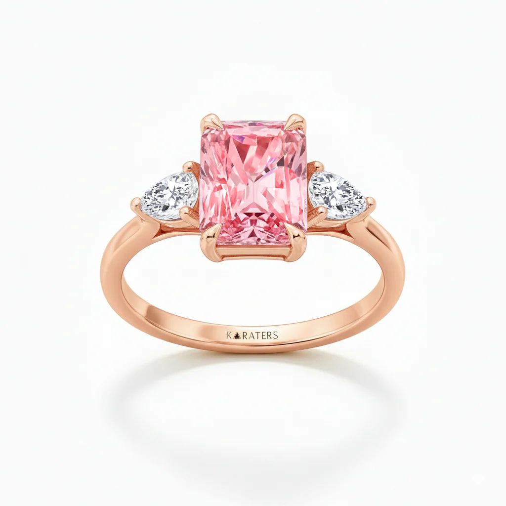 Pink Radiant Cut and White Pear Shape Diamond Engagement Ring - Image 9