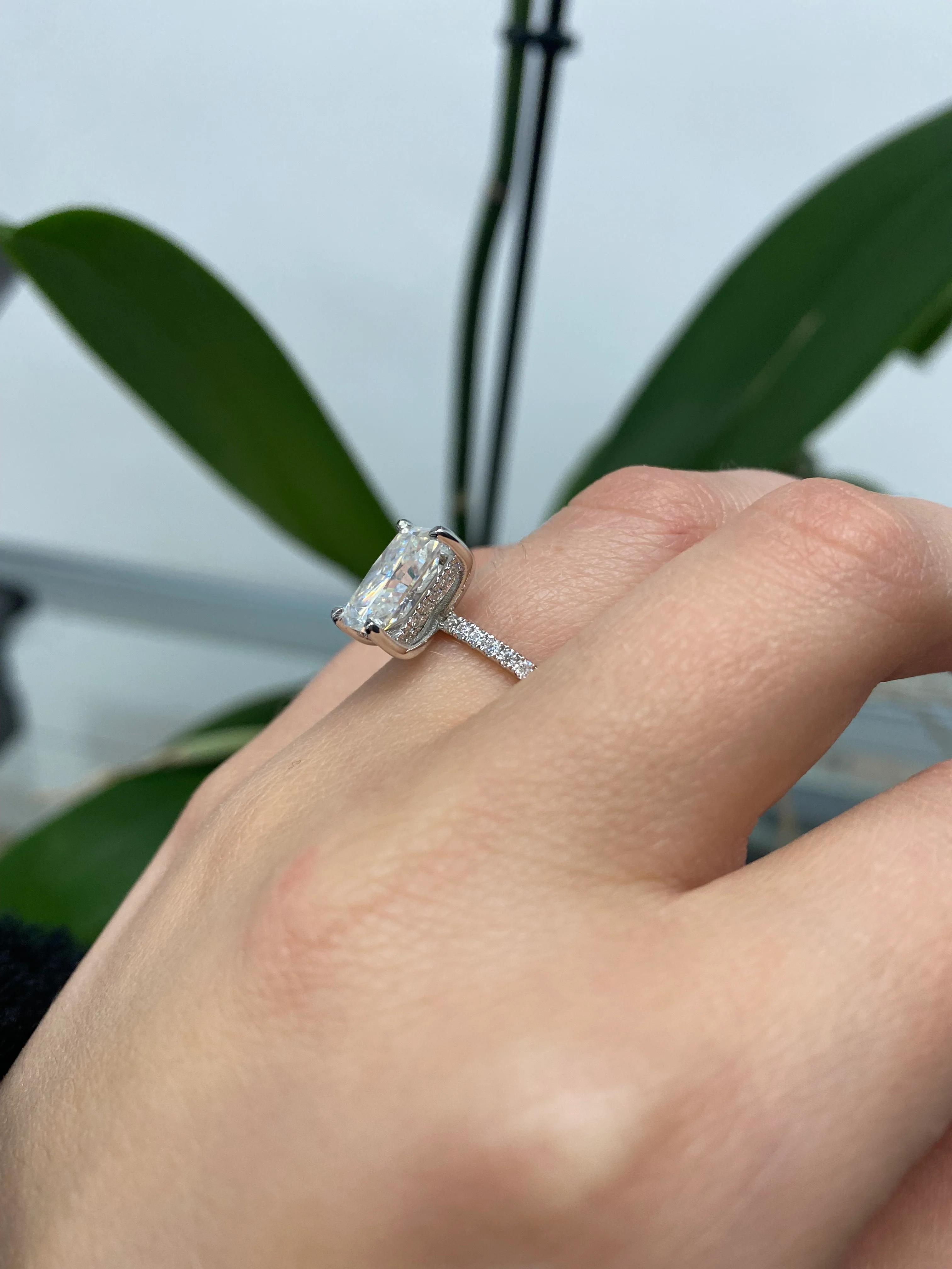 Radiant Cut Lab Grown Diamond Hidden Halo Engagement Ring with Pave Band - Image 13