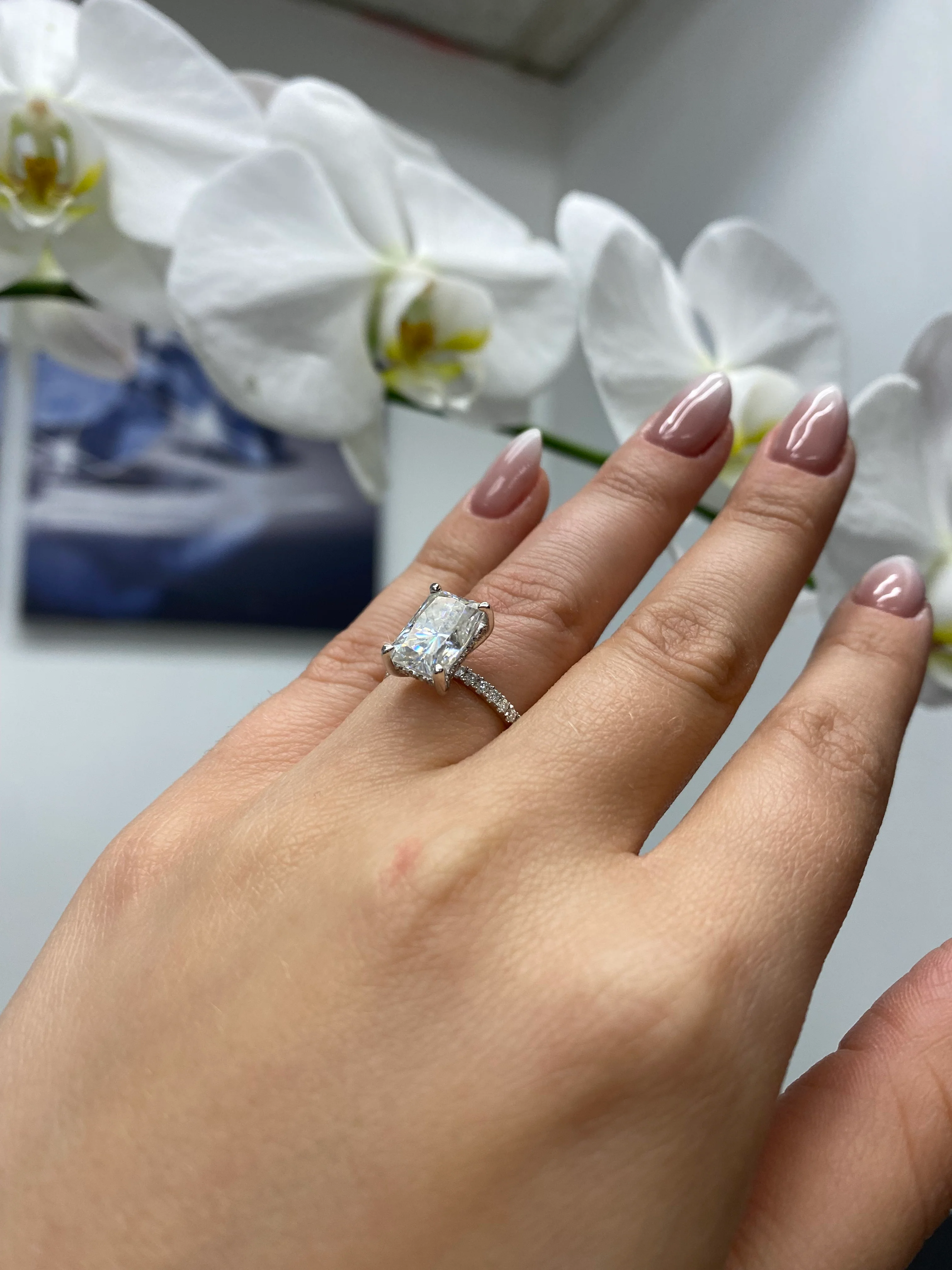 Radiant Cut Lab Grown Diamond Hidden Halo Engagement Ring with Pave Band - Image 3