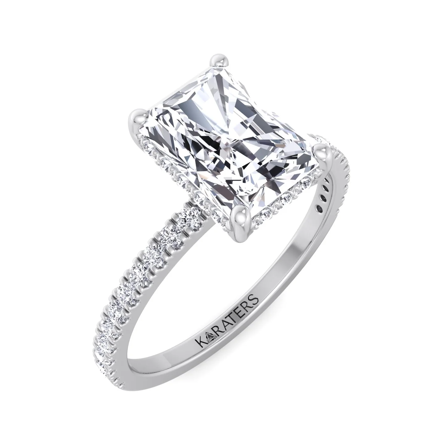 Radiant Cut Lab Grown Diamond Hidden Halo Engagement Ring with Pave Band - Image 4