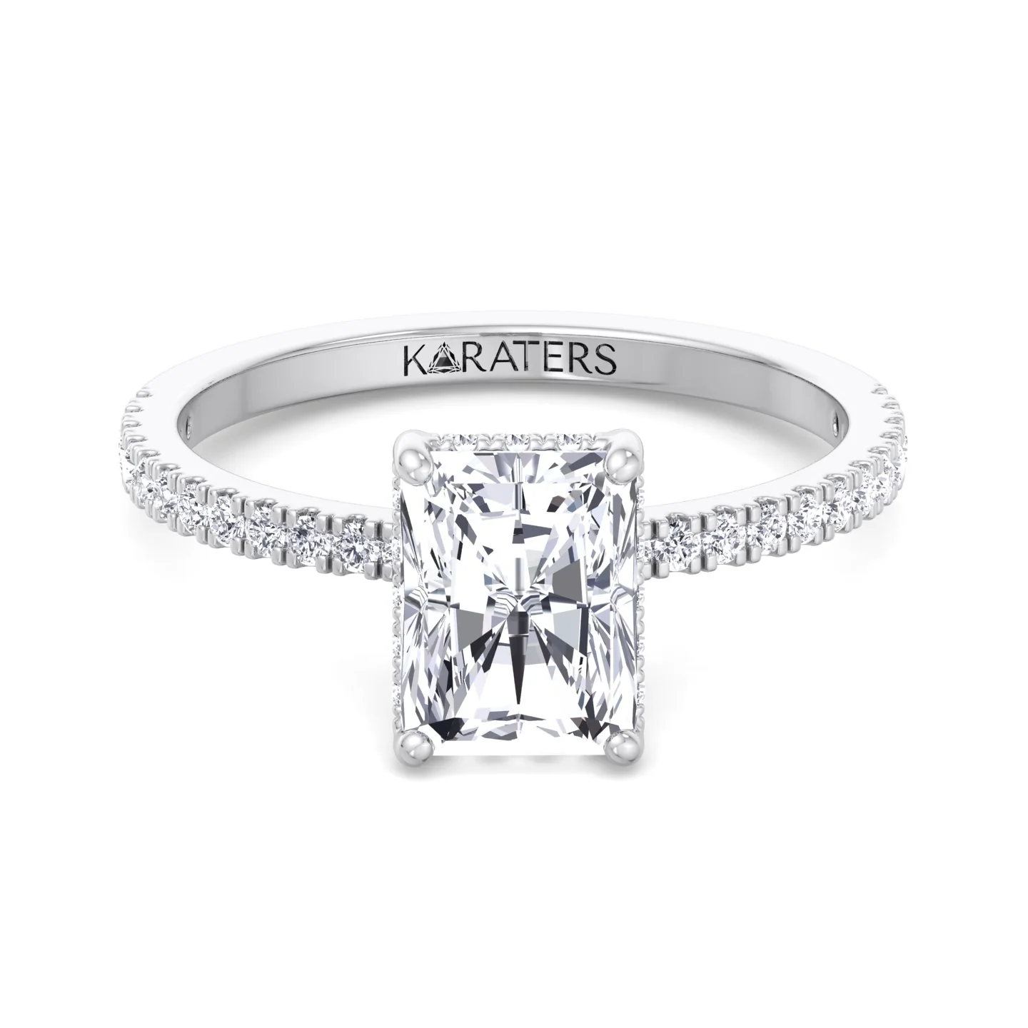 Radiant Cut Lab Grown Diamond Hidden Halo Engagement Ring with Pave Band - Image 6