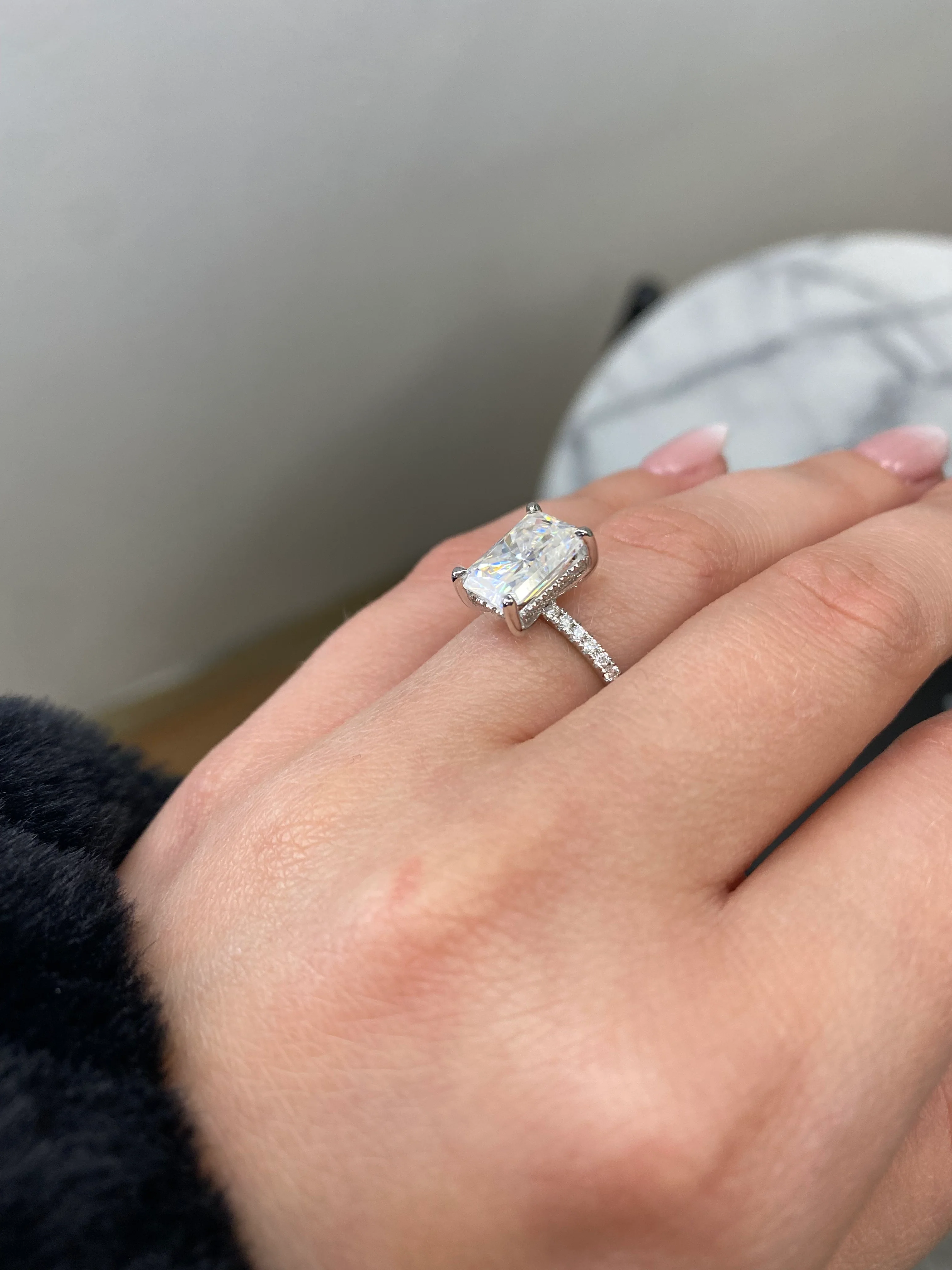 Radiant Cut Lab Grown Diamond Hidden Halo Engagement Ring with Pave Band - Image 9