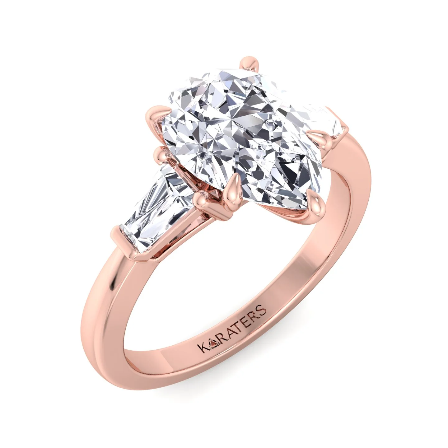 Pear Shaped Cut Lab Grown Diamond Solitaire Engagement Ring with Tapered Baguette SideStones - Image 10