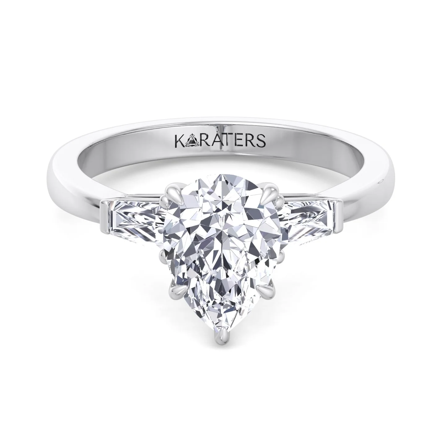 Pear Shaped Cut Lab Grown Diamond Solitaire Engagement Ring with Tapered Baguette SideStones - Image 3