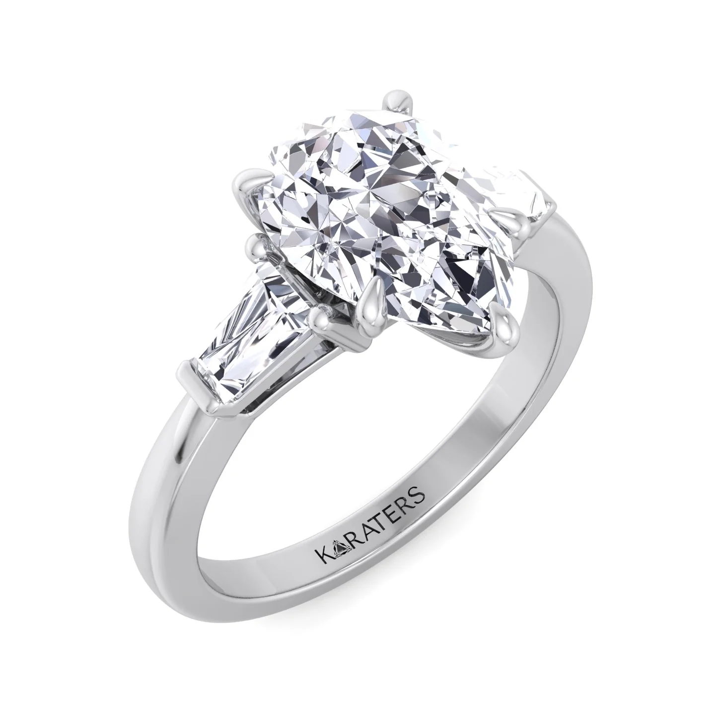 Pear Shaped Cut Lab Grown Diamond Solitaire Engagement Ring with Tapered Baguette SideStones - Image 5
