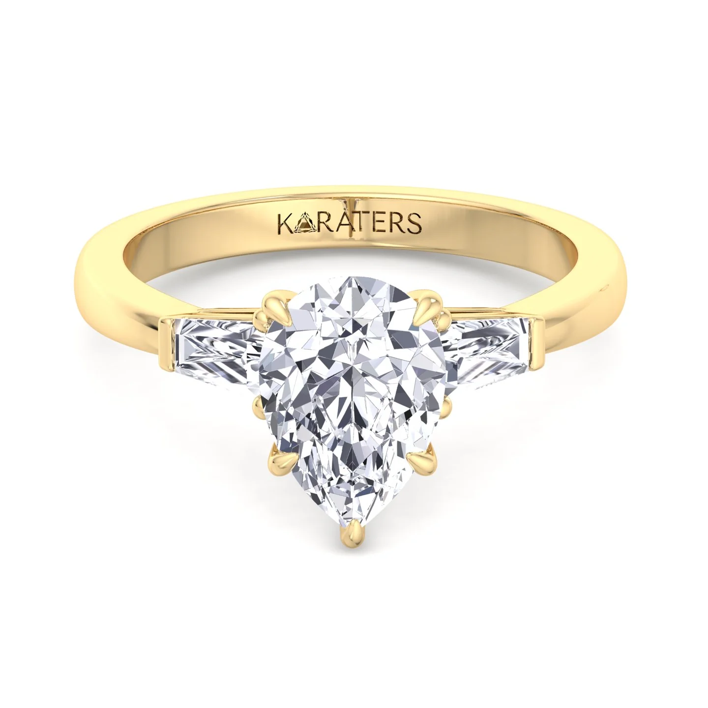 Pear Shaped Cut Lab Grown Diamond Solitaire Engagement Ring with Tapered Baguette SideStones - Image 7