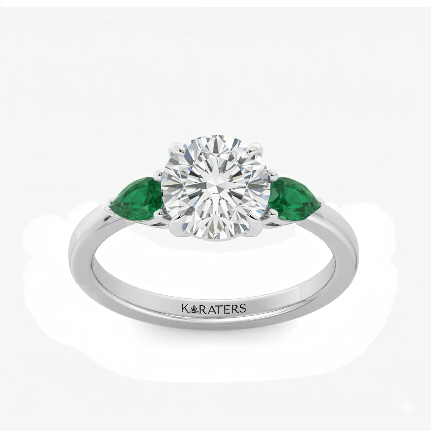 Round Lab Grown Diamond with Pear Shape Green Emerald Side Stone Engagement Ring - Image 3