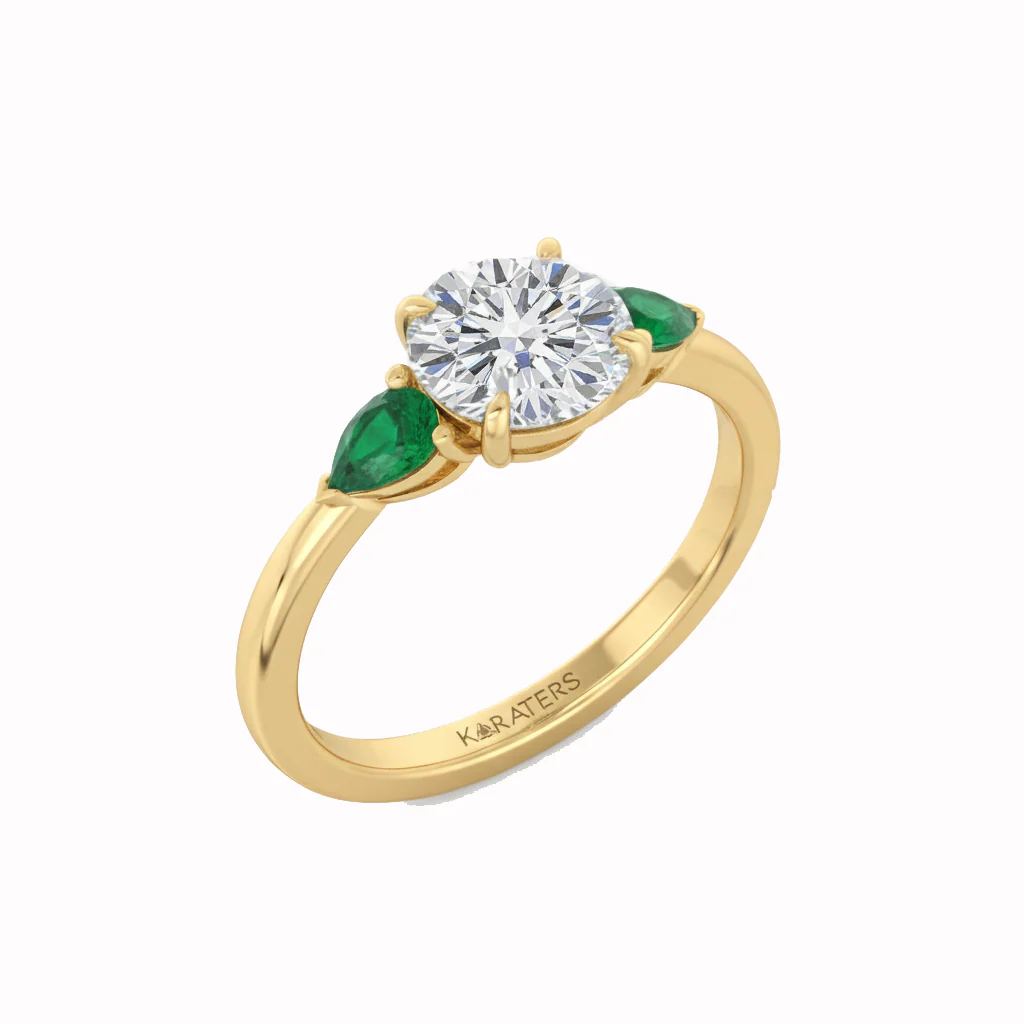 Round Lab Grown Diamond with Pear Shape Green Emerald Side Stone Engagement Ring - Image 4