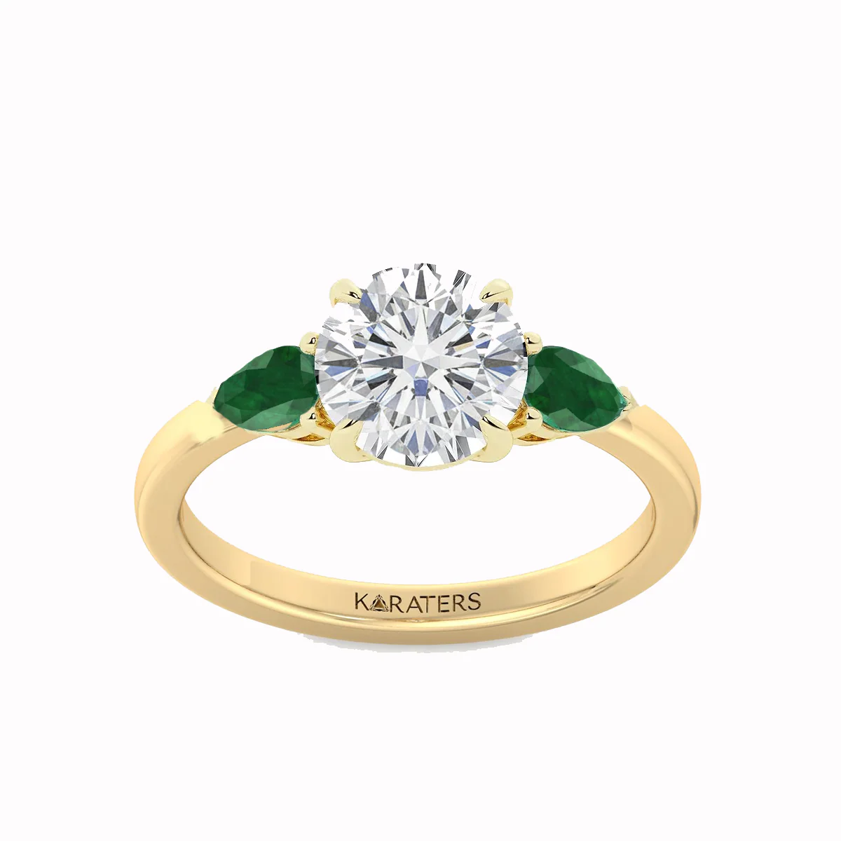 Round Lab Grown Diamond with Pear Shape Green Emerald Side Stone Engagement Ring - Image 5