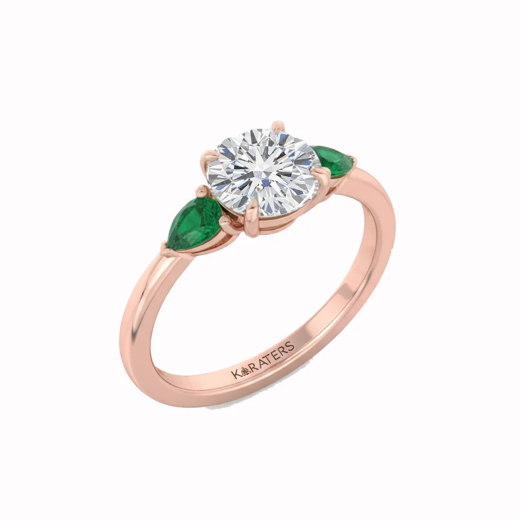 Round Lab Grown Diamond with Pear Shape Green Emerald Side Stone Engagement Ring - Image 6