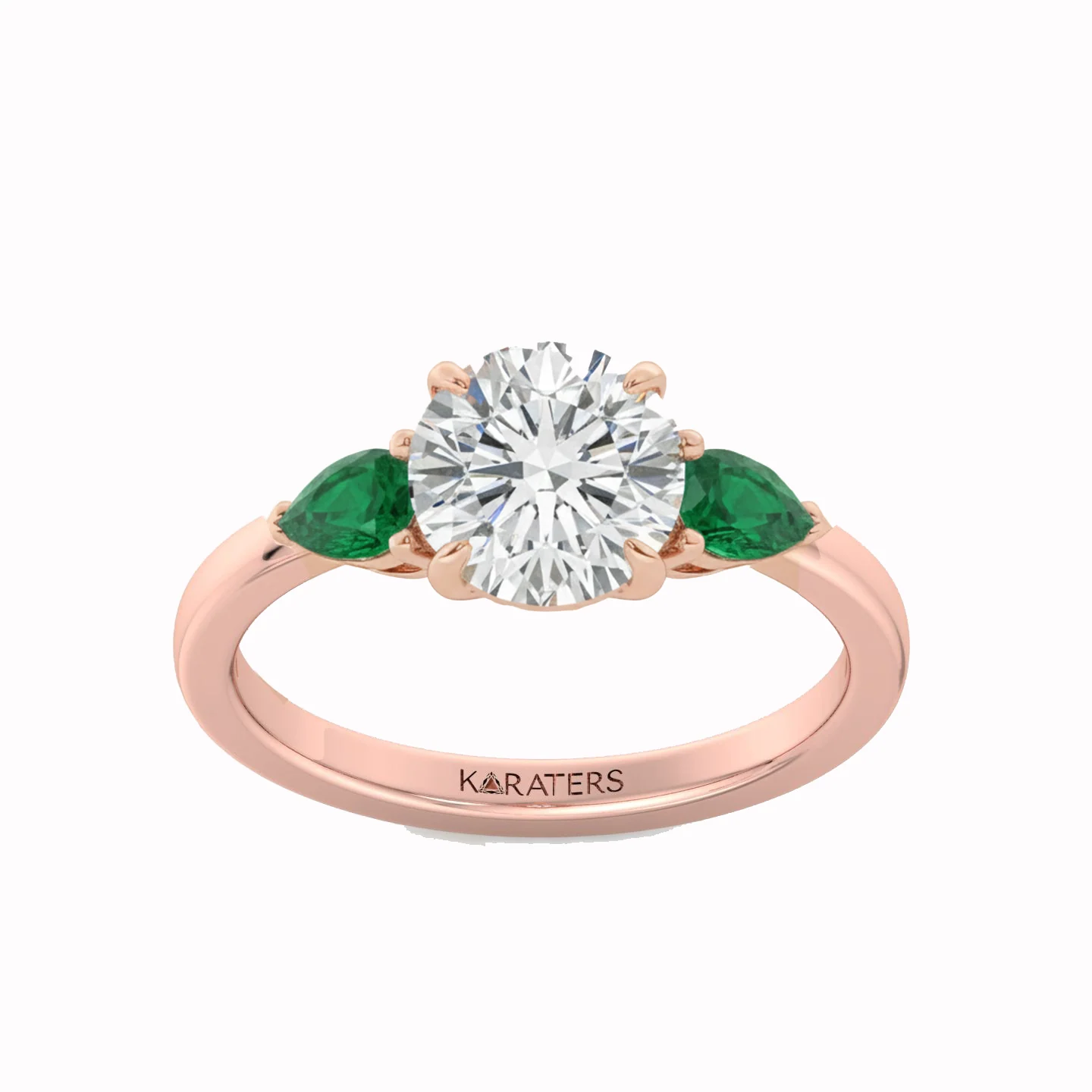 Round Lab Grown Diamond with Pear Shape Green Emerald Side Stone Engagement Ring - Image 7