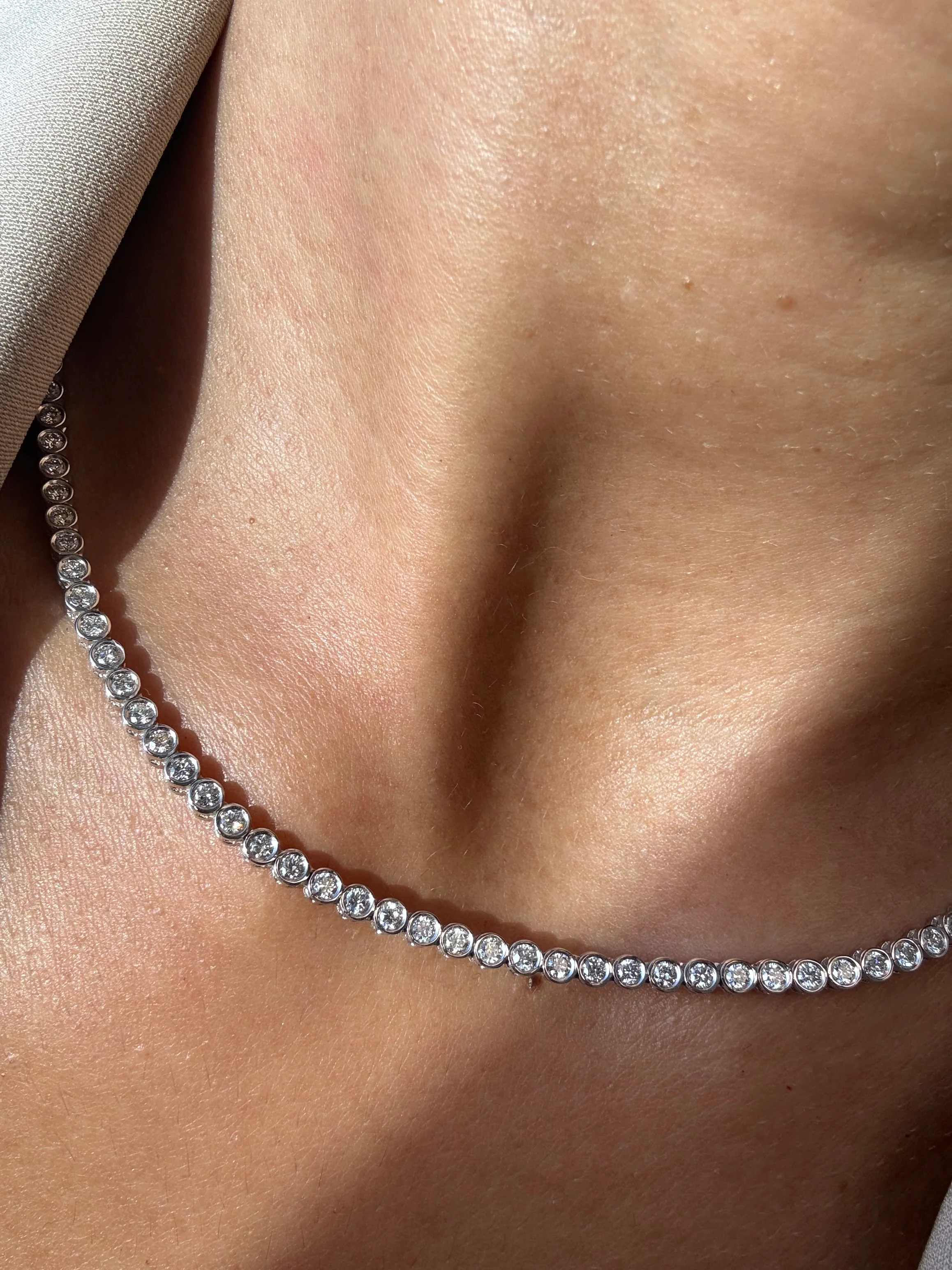 Round Shape Bezel Set Lab Grown Diamond Tennis Necklace 14K Solid Gold - Image 4