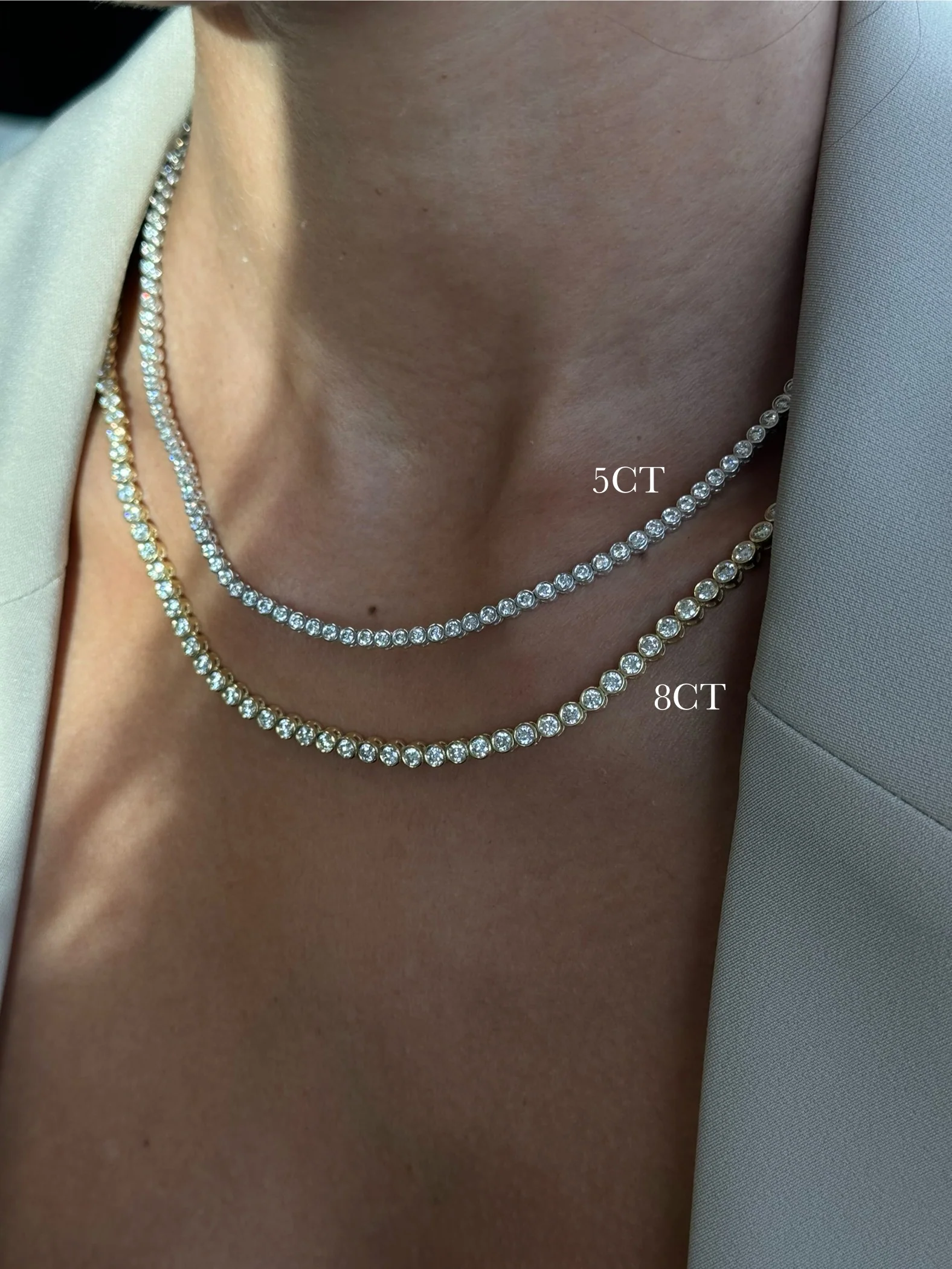 Round Shape Bezel Set Lab Grown Diamond Tennis Necklace 14K Solid Gold - Image 3