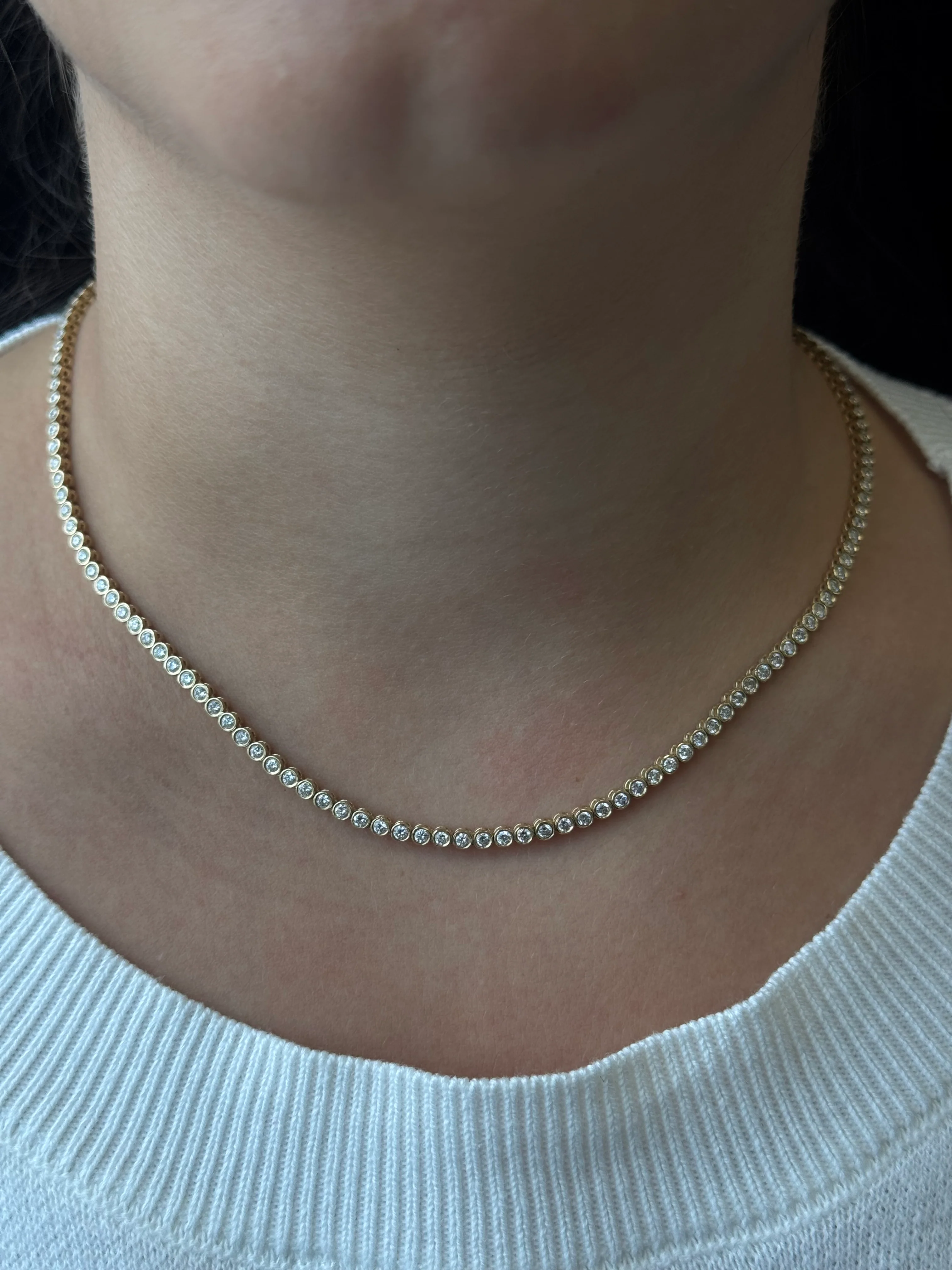 Round Shape Bezel Set Lab Grown Diamond Tennis Necklace 18K Solid Gold - Image 8